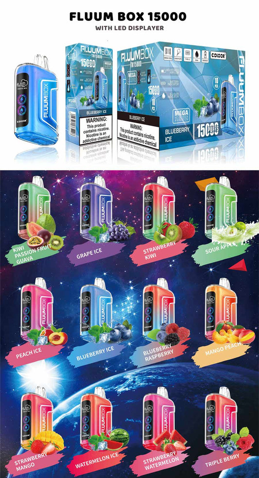 FLUUM BOX 15000 Puffs, Disposable Vape E-cigarettes, 12 Kinds of Fruits Flavors, 25ml Capacity, 650 MAH Battery, Type C Rechargeable