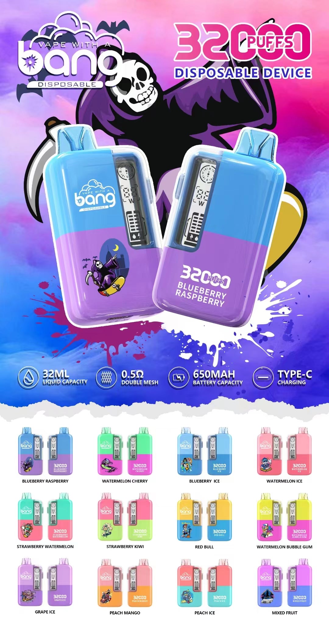 Bang 32000 Puffs Disposable Vape, 32ml E-Liquid,650mah Battery, 16 Kinds of Fruits Flavors