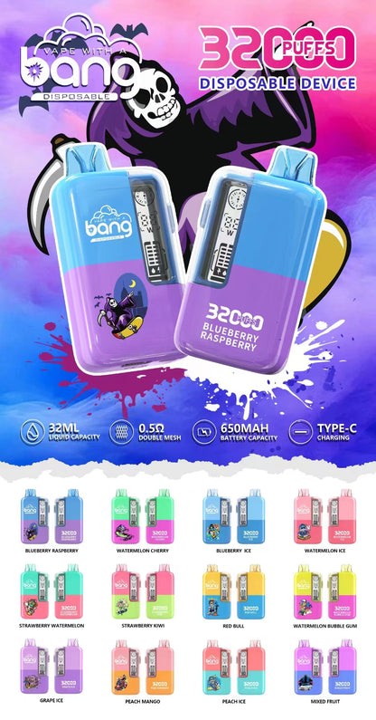 Bang 32000 Puffs Disposable Vape, 32ml E-Liquid,650mah Battery, 16 Kinds of Fruits Flavors