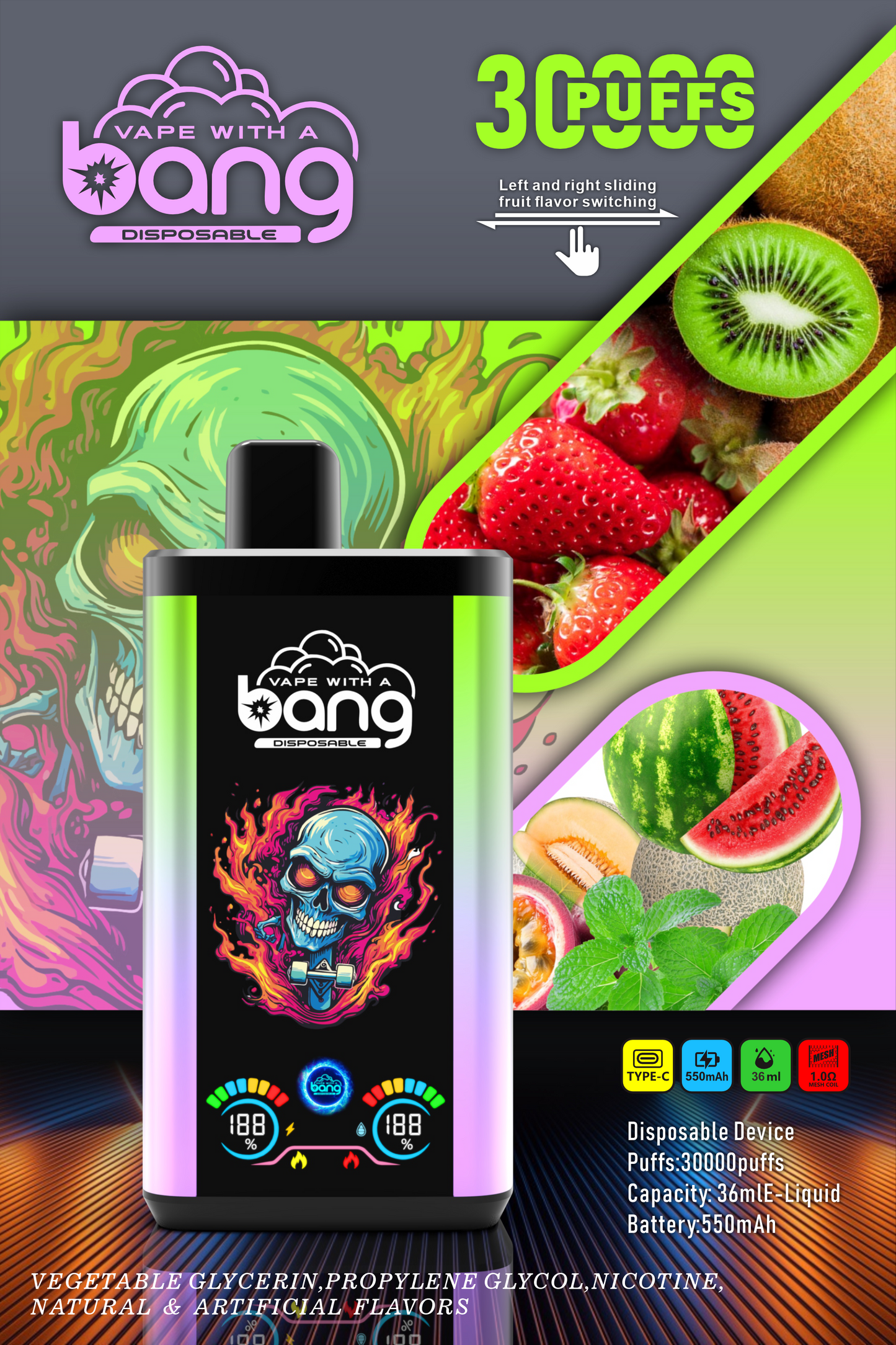 Bang 30K Pro: 30,000 Puffs Disposable Vape with Dual-Flavor System, 16 Kinds of Fruits Flavors