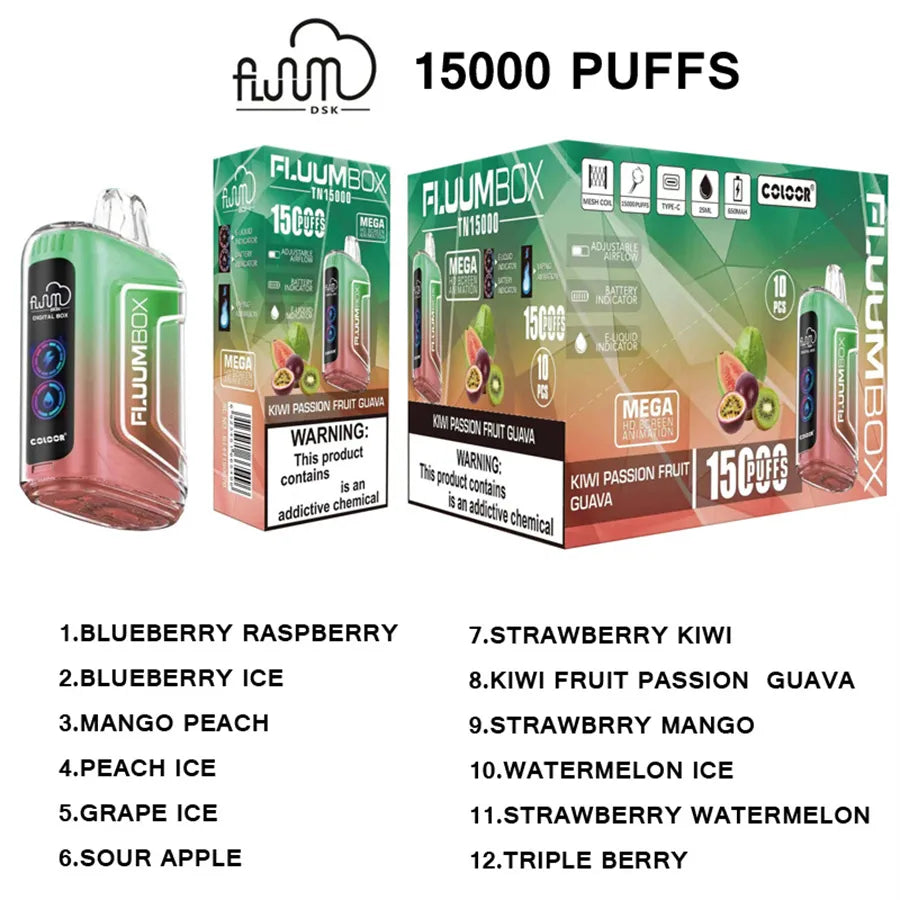 FLUUM BOX 15000 Puffs, Disposable Vape E-cigarettes, 12 Kinds of Fruits Flavors, 25ml Capacity, 650 MAH Battery, Type C Rechargeable