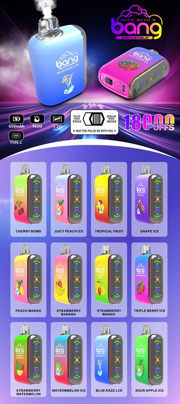 Bang 18000 Puffs, Disposable Vape E-cigarettes, 12 Kinds of Fruits Flavors, 16ml Capacity, 650 MAH Battery, Type C Rechargeable