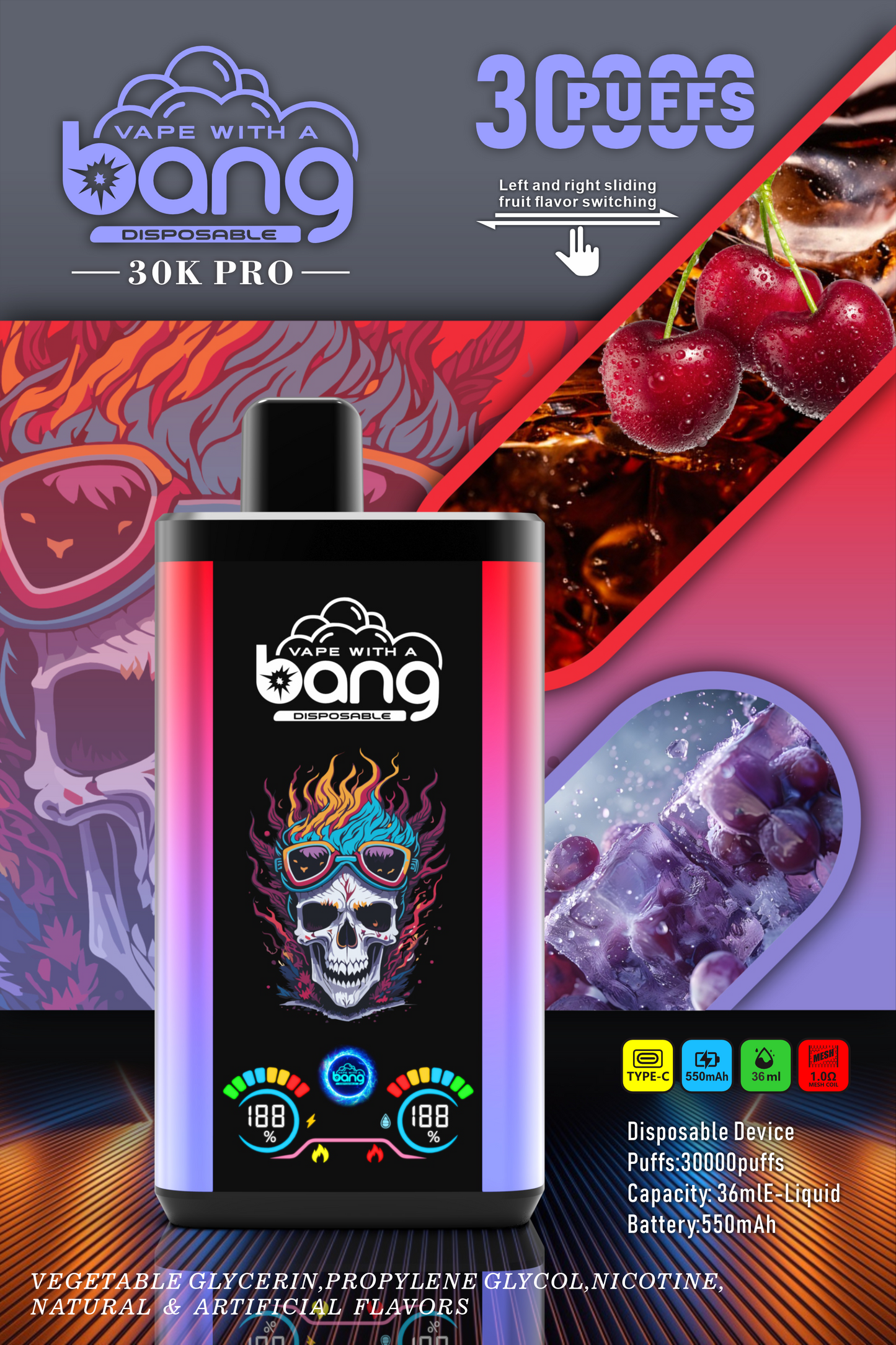 Bang 30K Pro: 30,000 Puffs Disposable Vape with Dual-Flavor System, 16 Kinds of Fruits Flavors