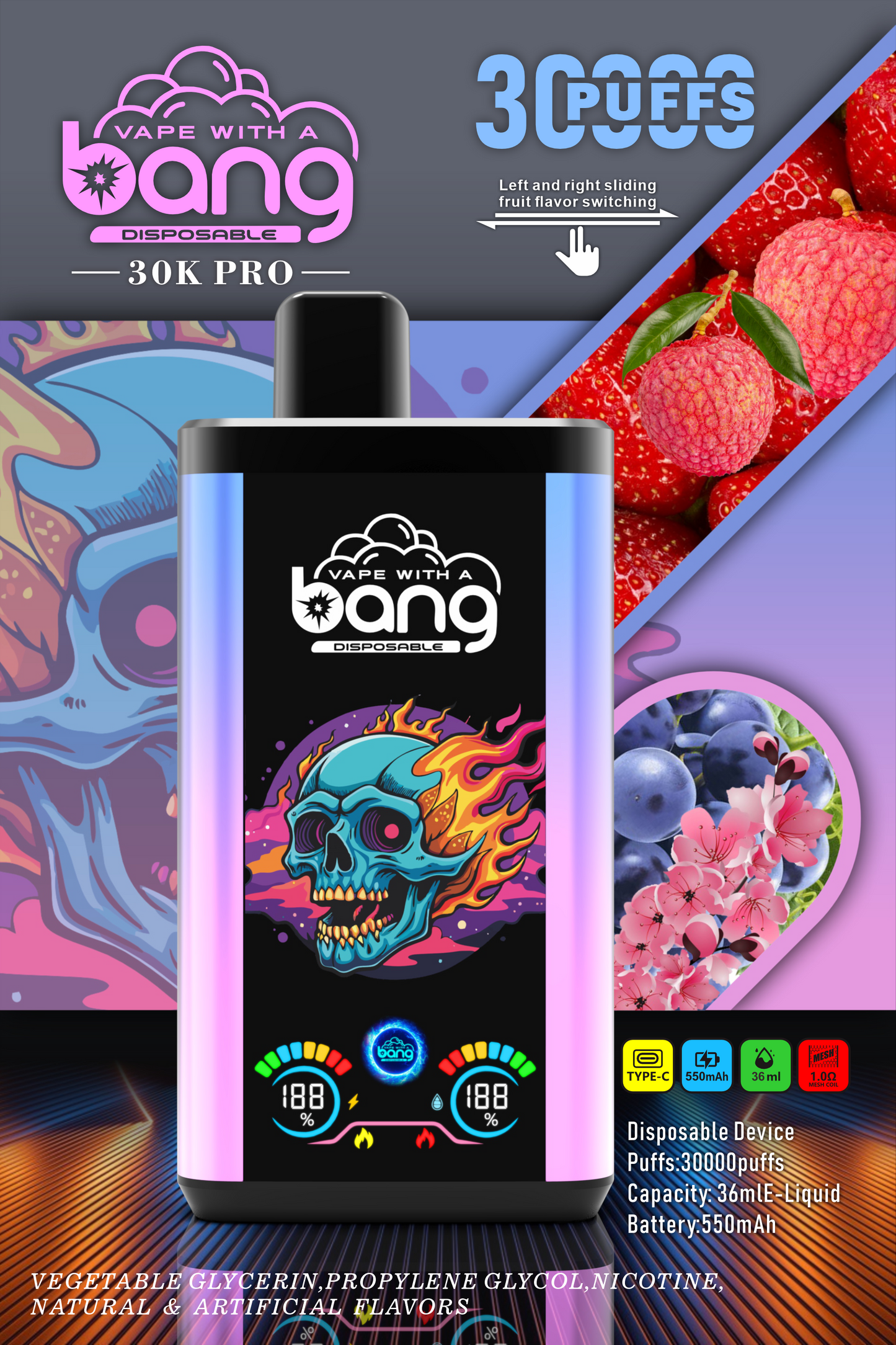 Bang 30K Pro: 30,000 Puffs Disposable Vape with Dual-Flavor System, 16 Kinds of Fruits Flavors