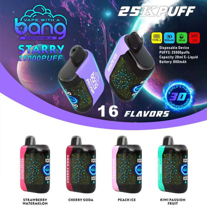 Bang 25000 Puffs, Starry Sky Disposable Vape E-cigarettes, 16 Kinds of Fruits Flavors, 28ml Capacity, 800 MAH Battery, Type C Rechargeable