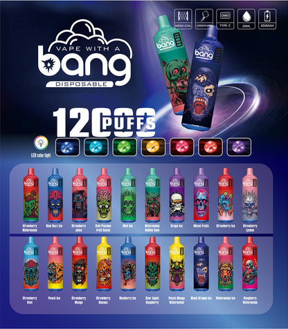 Bang 12000 Puffs, Disposable Vape E-cigarettes, 20 Kinds of Fruits Flavors, 20ml Capacity, 650 MAH Battery, Type C Rechargeable