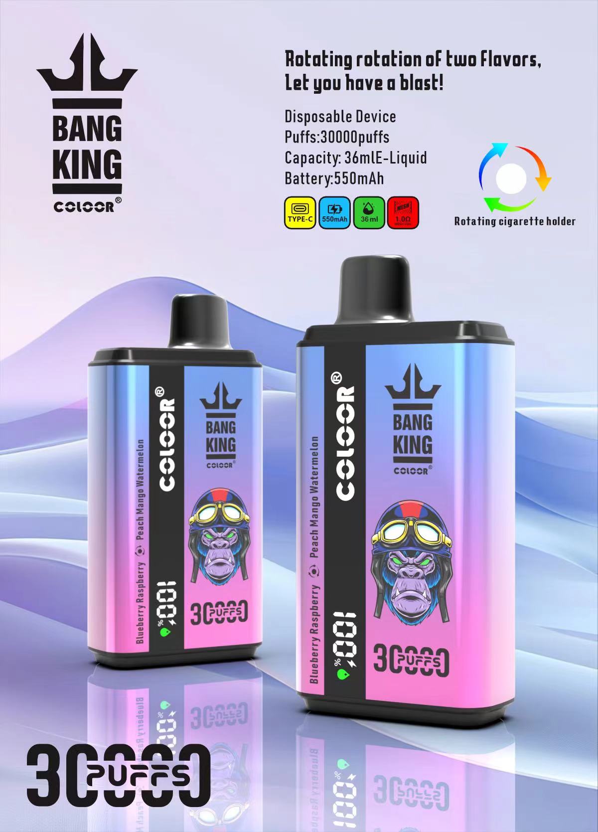 Bang King 30000 Puffs, One Vape, Two Flavors, Disposable Vape E-cigarettes, 12 Kinds of Fruits Flavors, 36ml Capacity, 550 MAH Battery, Type C Rechargeable