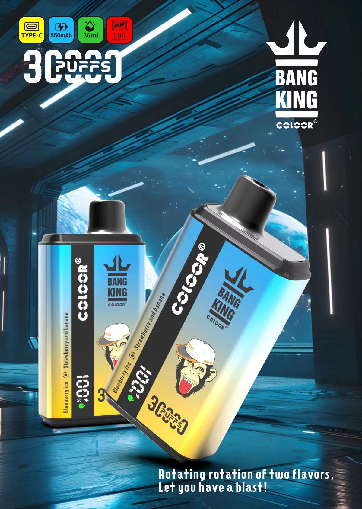 Bang King 30000 Puffs, One Vape, Two Flavors, Disposable Vape E-cigarettes, 12 Kinds of Fruits Flavors, 36ml Capacity, 550 MAH Battery, Type C Rechargeable