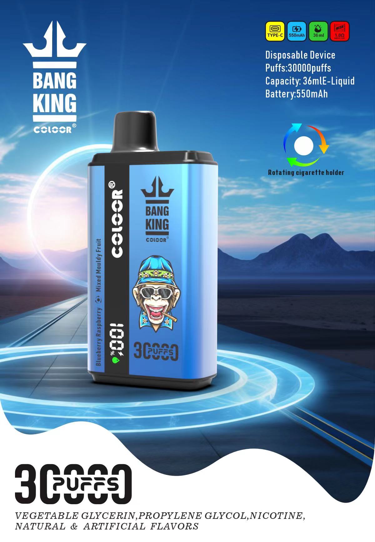 Bang King 30000 Puffs, One Vape, Two Flavors, Disposable Vape E-cigarettes, 12 Kinds of Fruits Flavors, 36ml Capacity, 550 MAH Battery, Type C Rechargeable