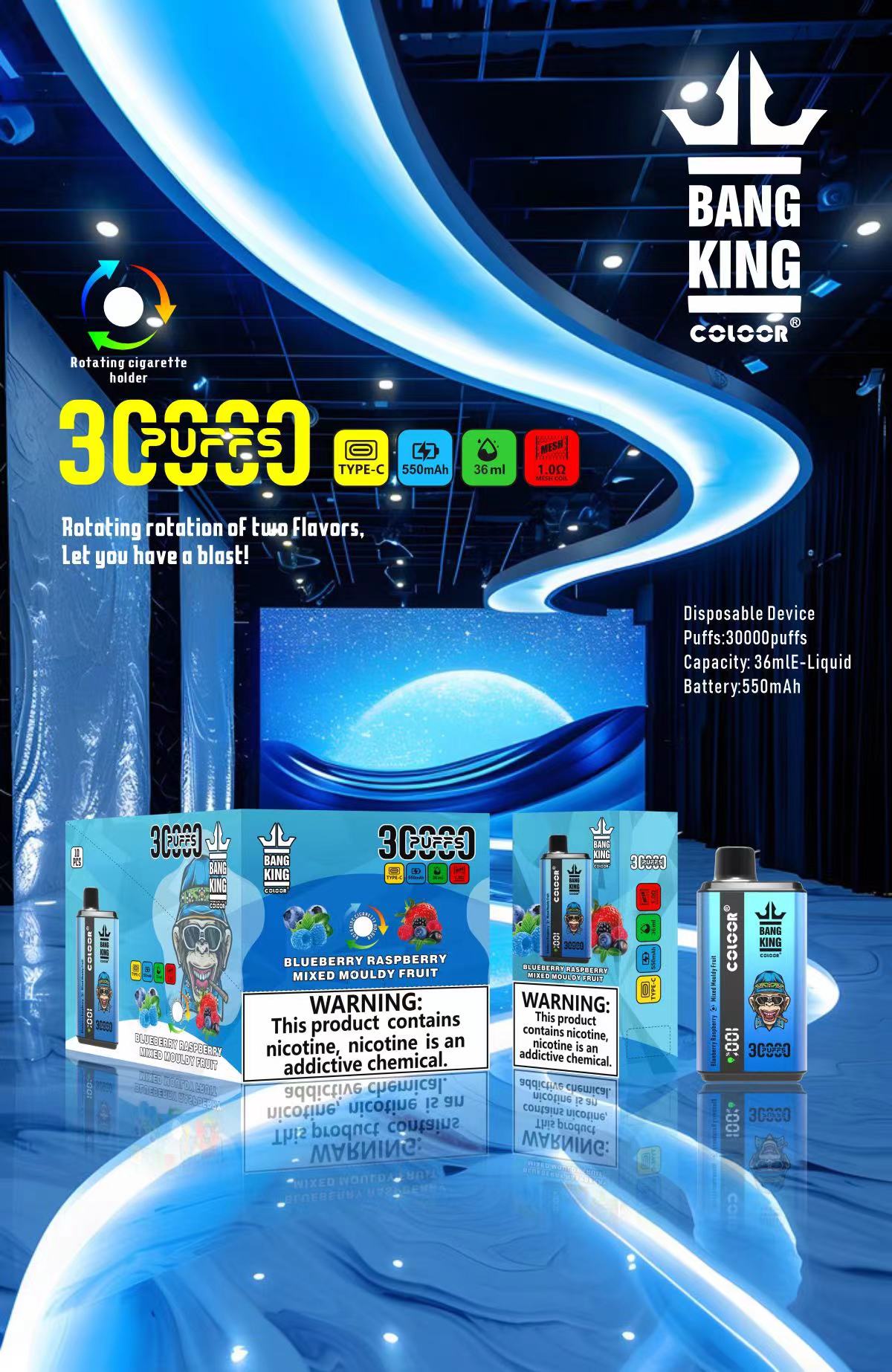 Bang King 30000 Puffs, One Vape, Two Flavors, Disposable Vape E-cigarettes, 12 Kinds of Fruits Flavors, 36ml Capacity, 550 MAH Battery, Type C Rechargeable