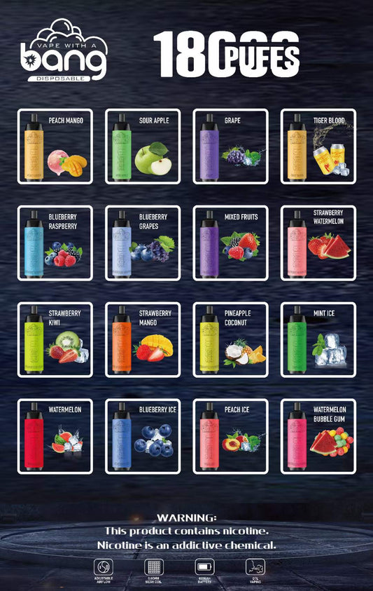 Bang 18000 Puffs, Disposable Vape E-cigarettes, 16 Kinds of Fruits Flavors, 24ml Capacity, 650 MAH Battery, Type C Rechargeable