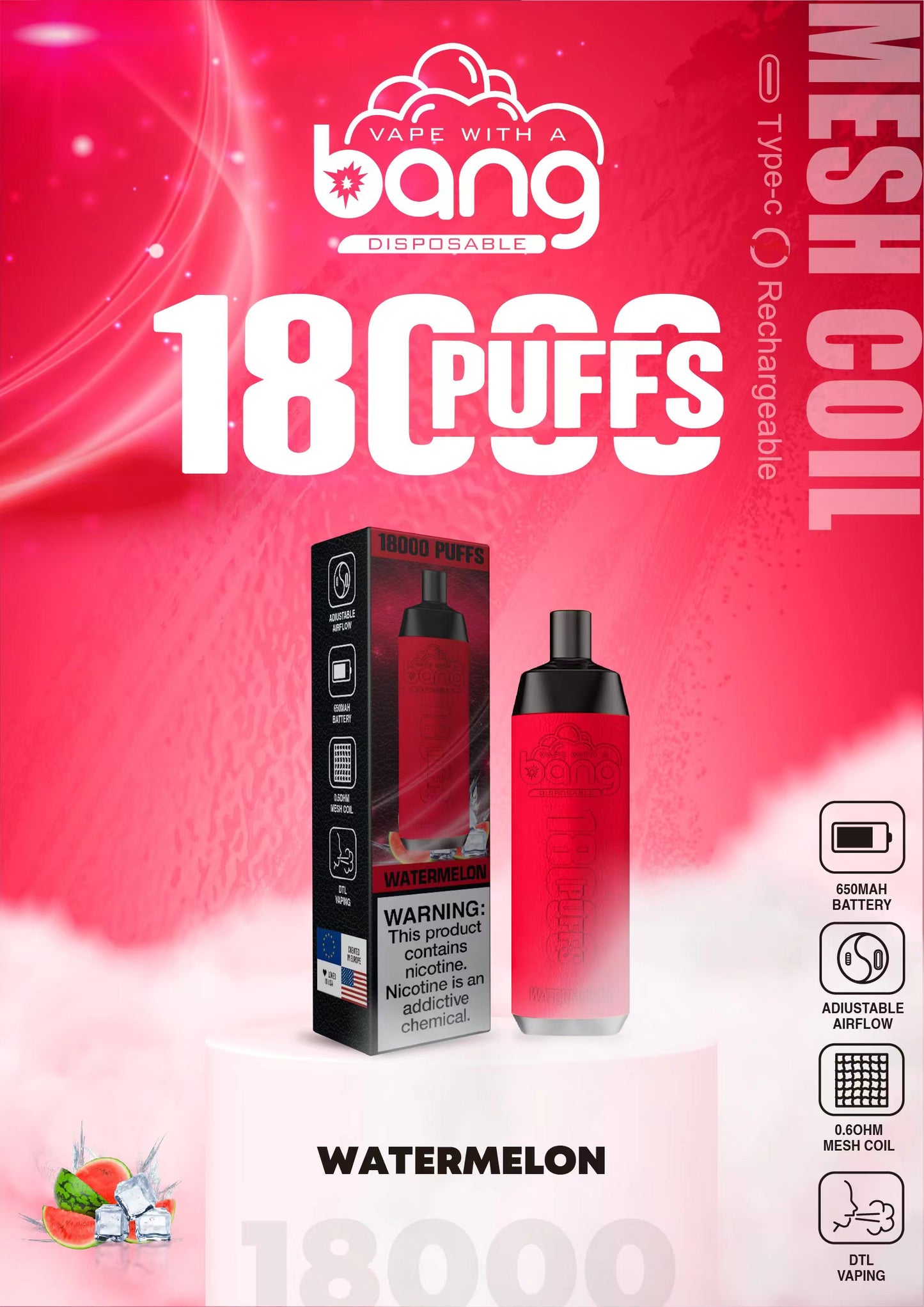 Bang 18000 Puffs, Disposable Vape E-cigarettes, 16 Kinds of Fruits Flavors, 24ml Capacity, 650 MAH Battery, Type C Rechargeable