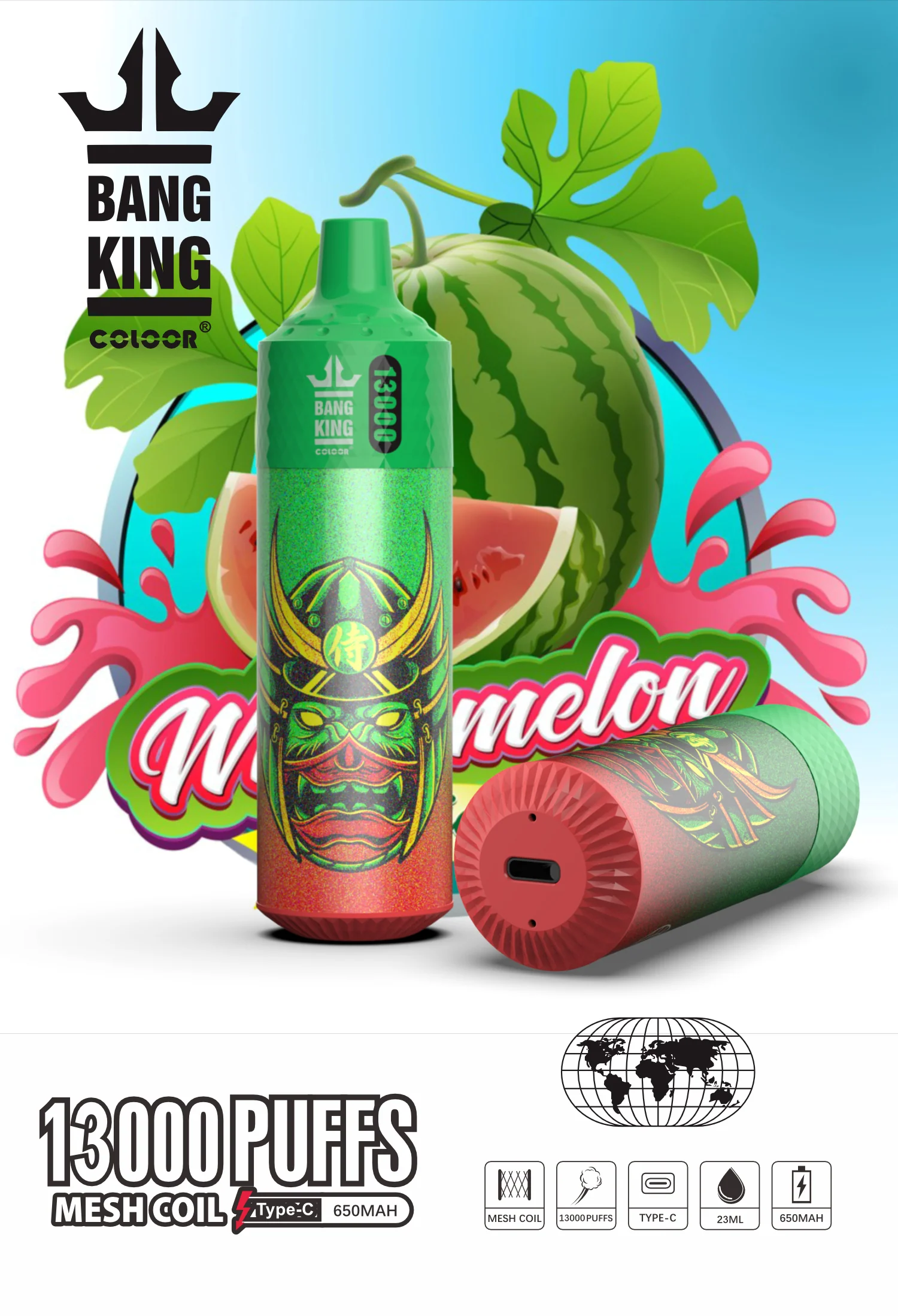 Bang King 13000 Puffs, Disposable Vape E-cigarettes, 16 Kinds of Fruits Flavors, 23ml Capacity, 650 MAH Battery, Type C Rechargeable