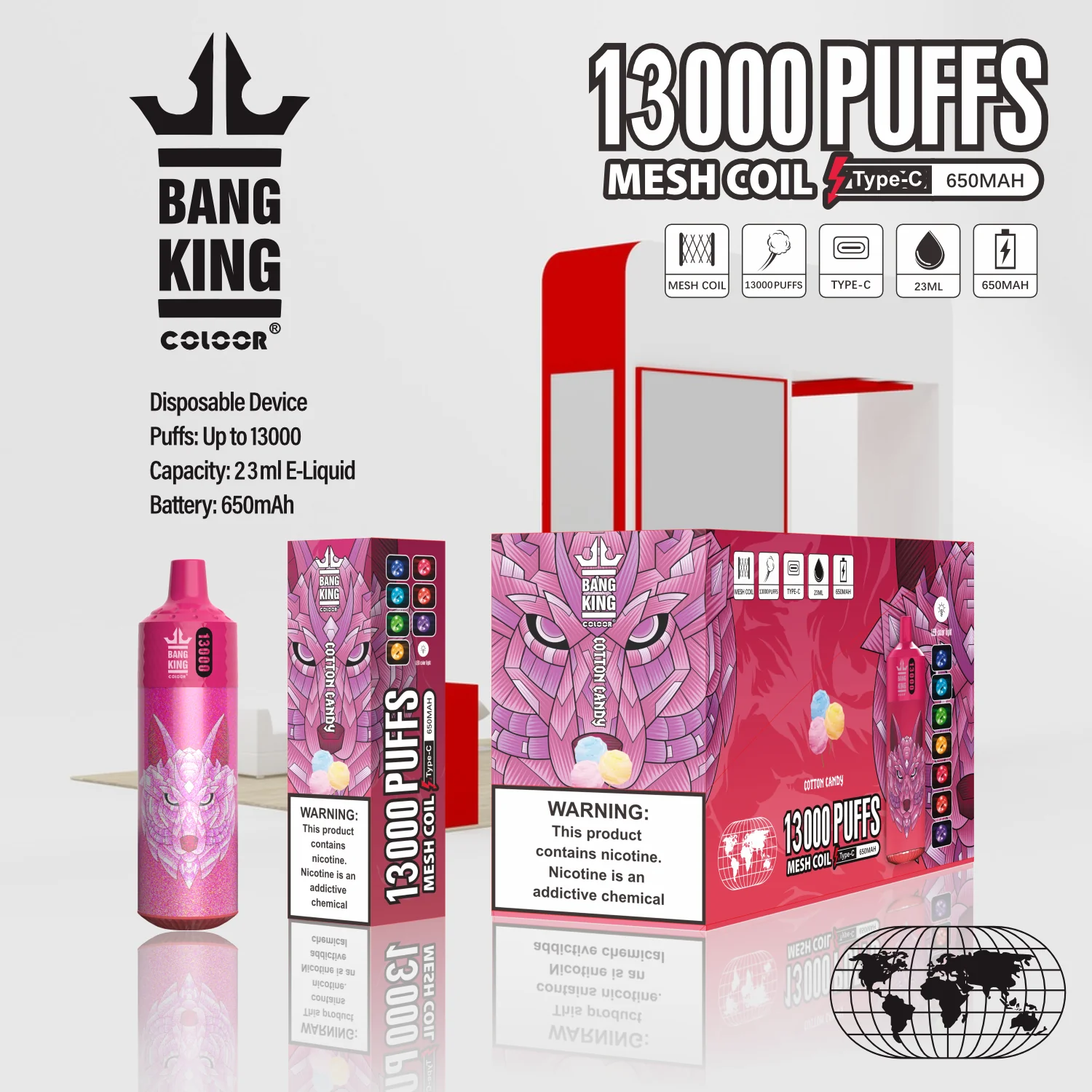 Bang King 13000 Puffs, Disposable Vape E-cigarettes, 16 Kinds of Fruits Flavors, 23ml Capacity, 650 MAH Battery, Type C Rechargeable