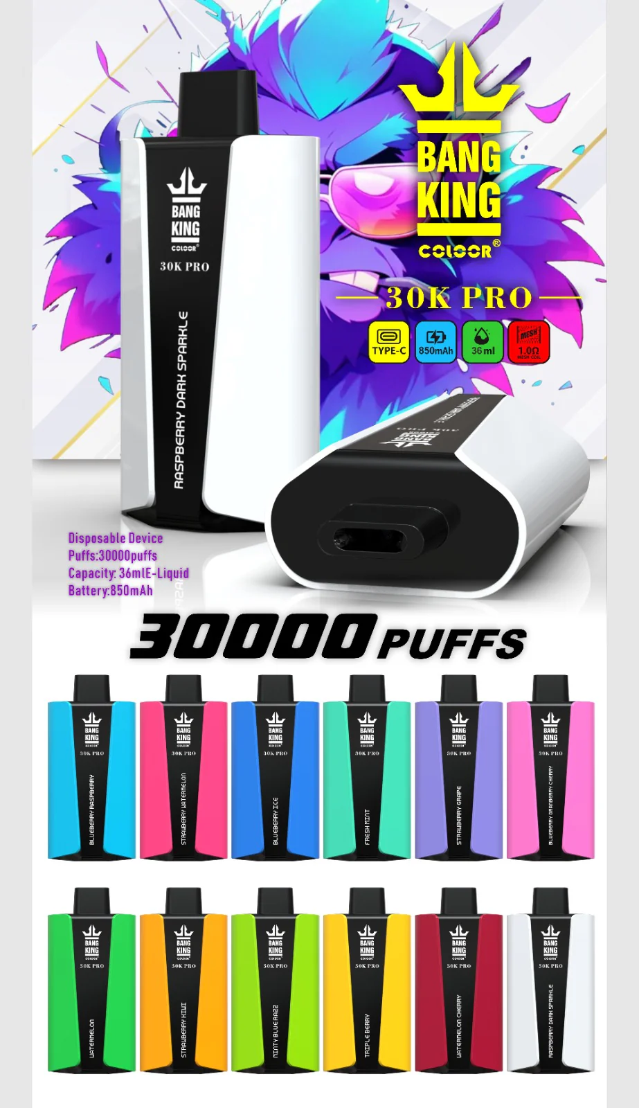 Bang King 30000 Puff Pro Disposable Vape with Single-Flavor System, 12 Kinds of Fruits Flavors