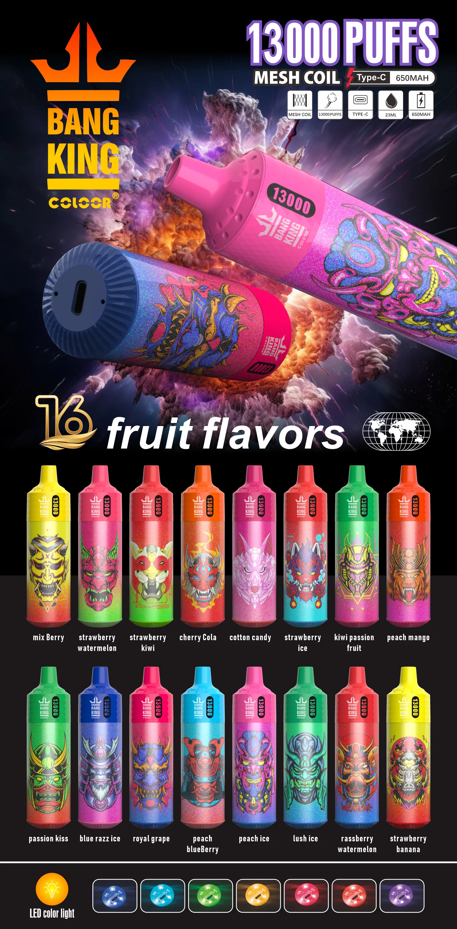 Bang King 13000 Puffs, Disposable Vape E-cigarettes, 16 Kinds of Fruits Flavors, 23ml Capacity, 650 MAH Battery, Type C Rechargeable