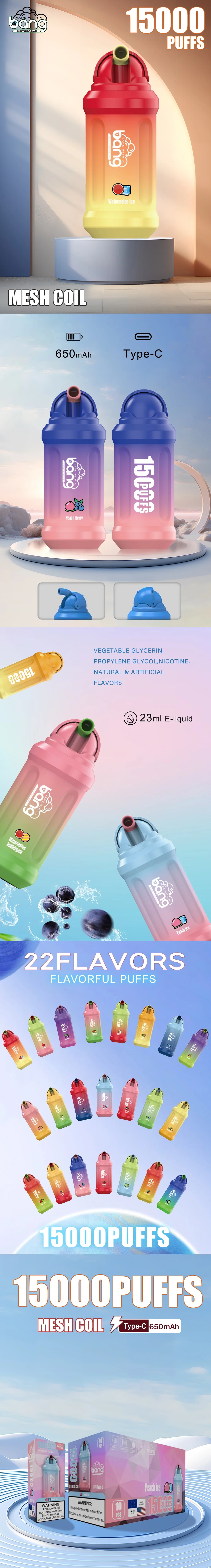 Bang 15000 Puffs, Disposable Vape E-cigarettes, 22 Kinds of Fruits Flavors, 20ml Capacity, 650 MAH Battery, Type C Rechargeable