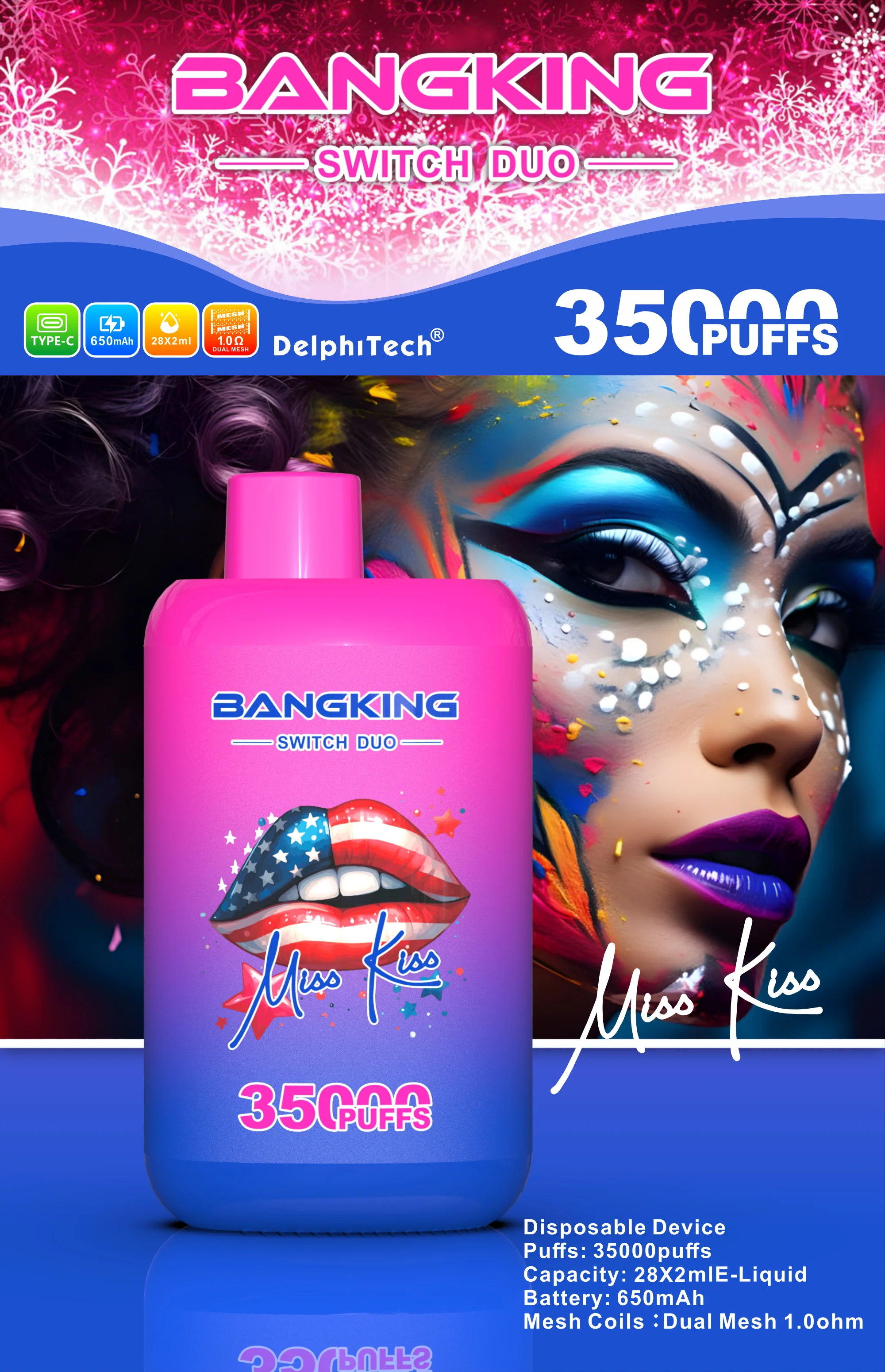 Bang King Swtich Duo 35000 Puffs, Double Flavors, Disposable Vape E-cigarettes, 12 Kinds of Fruits Flavors, 56ml Capacity, 650 MAH Battery, Type C Rechargeable
