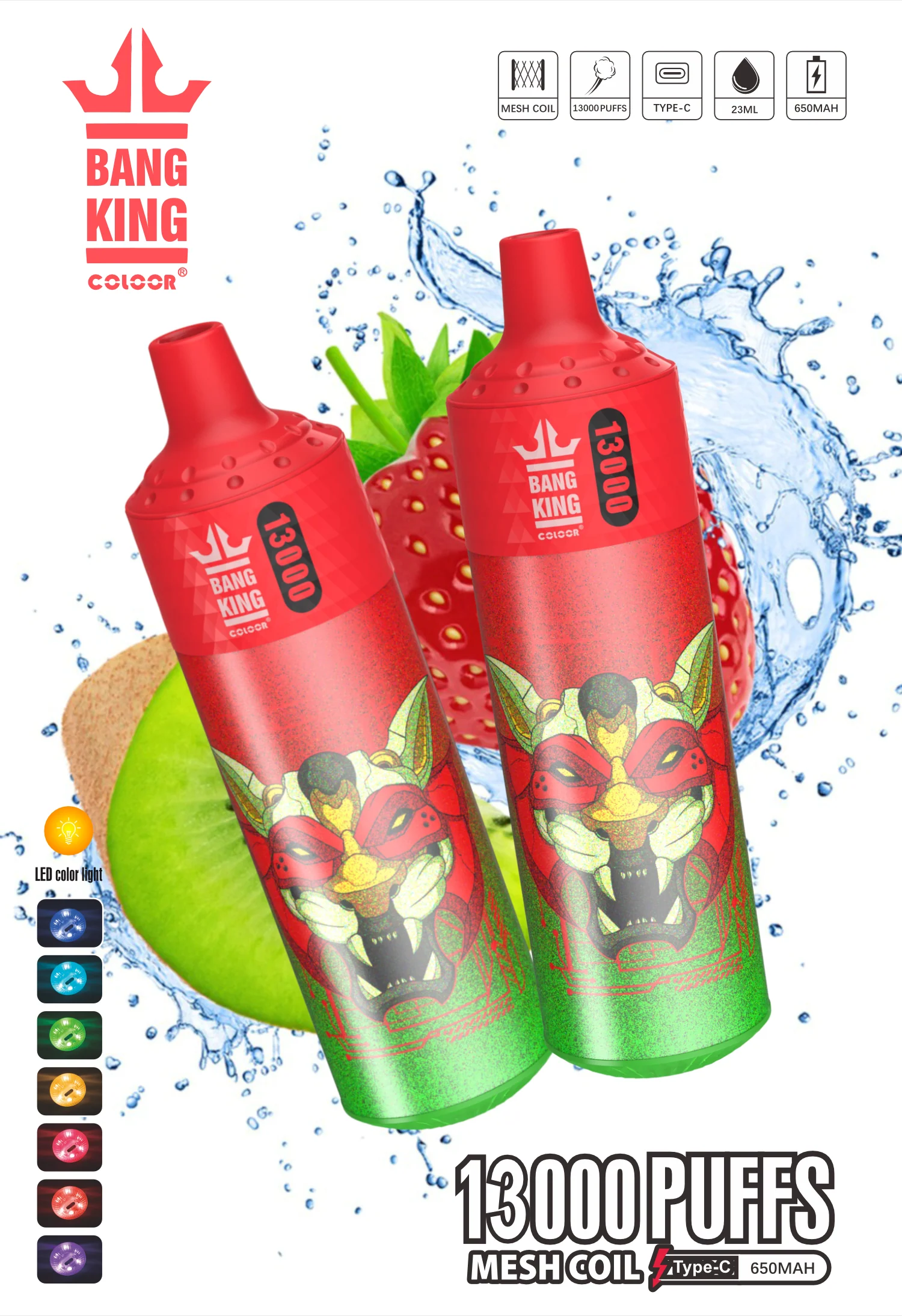 Bang King 13000 Puffs, Disposable Vape E-cigarettes, 16 Kinds of Fruits Flavors, 23ml Capacity, 650 MAH Battery, Type C Rechargeable