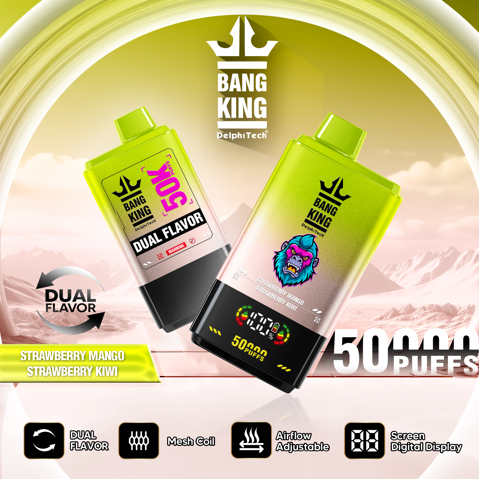 Bang King 50000 Puffs Disposable Vape with Double Flavors, 12 Kinds of Fruits Flavors, E-liquid 50ml, Battery 850 mah
