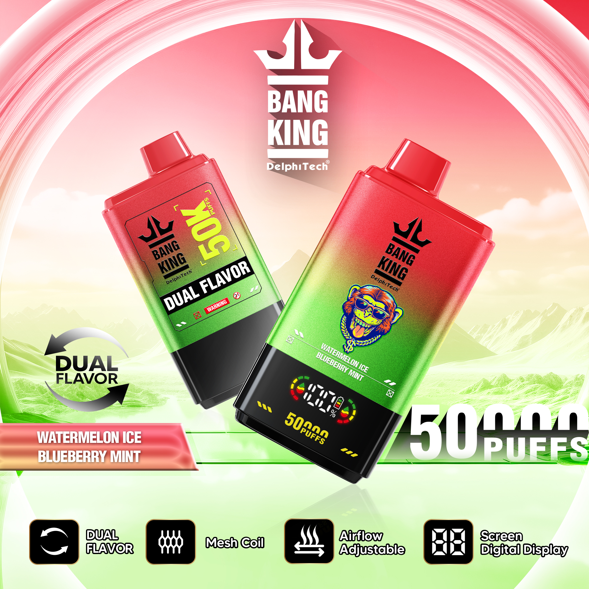 Bang King 50000 Puffs Disposable Vape with Double Flavors, 12 Kinds of Fruits Flavors, E-liquid 50ml, Battery 850 mah