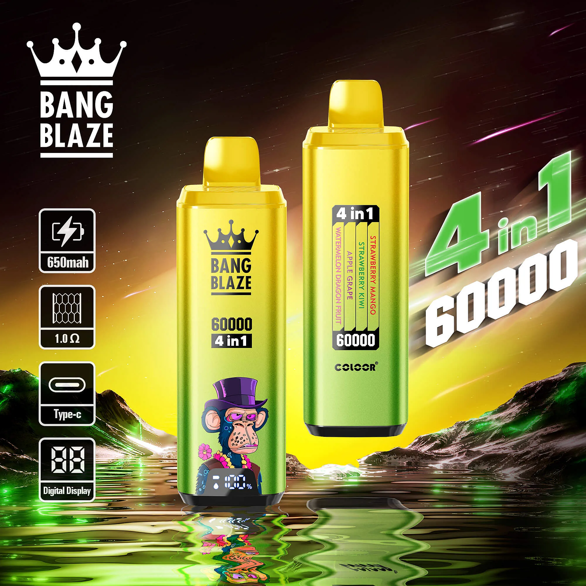 Bang Blaze  60000 Puffs Disposable Vape with 4 in 1 Flavors, 12 Kinds of Fruits Flavors, E-liquid 56ml, Battery 650 mah