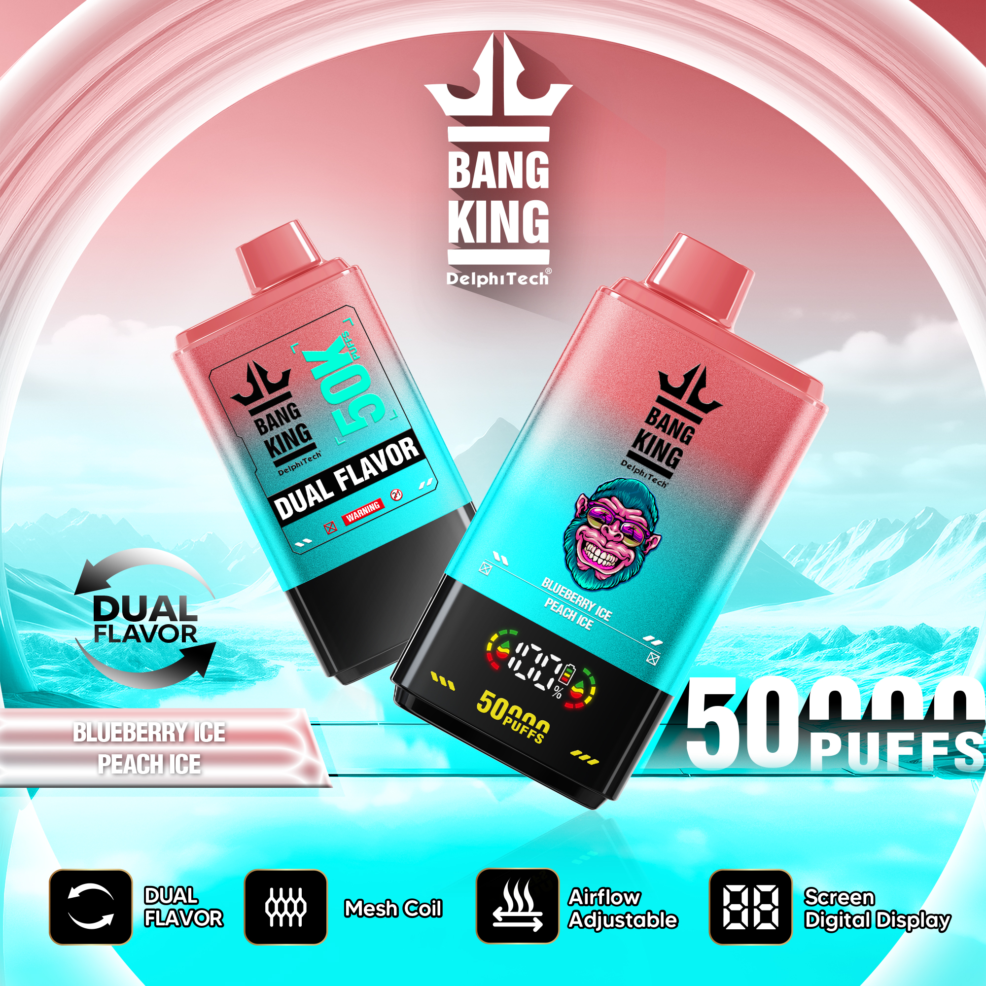 Bang King 50000 Puffs Disposable Vape with Double Flavors, 12 Kinds of Fruits Flavors, E-liquid 50ml, Battery 850 mah