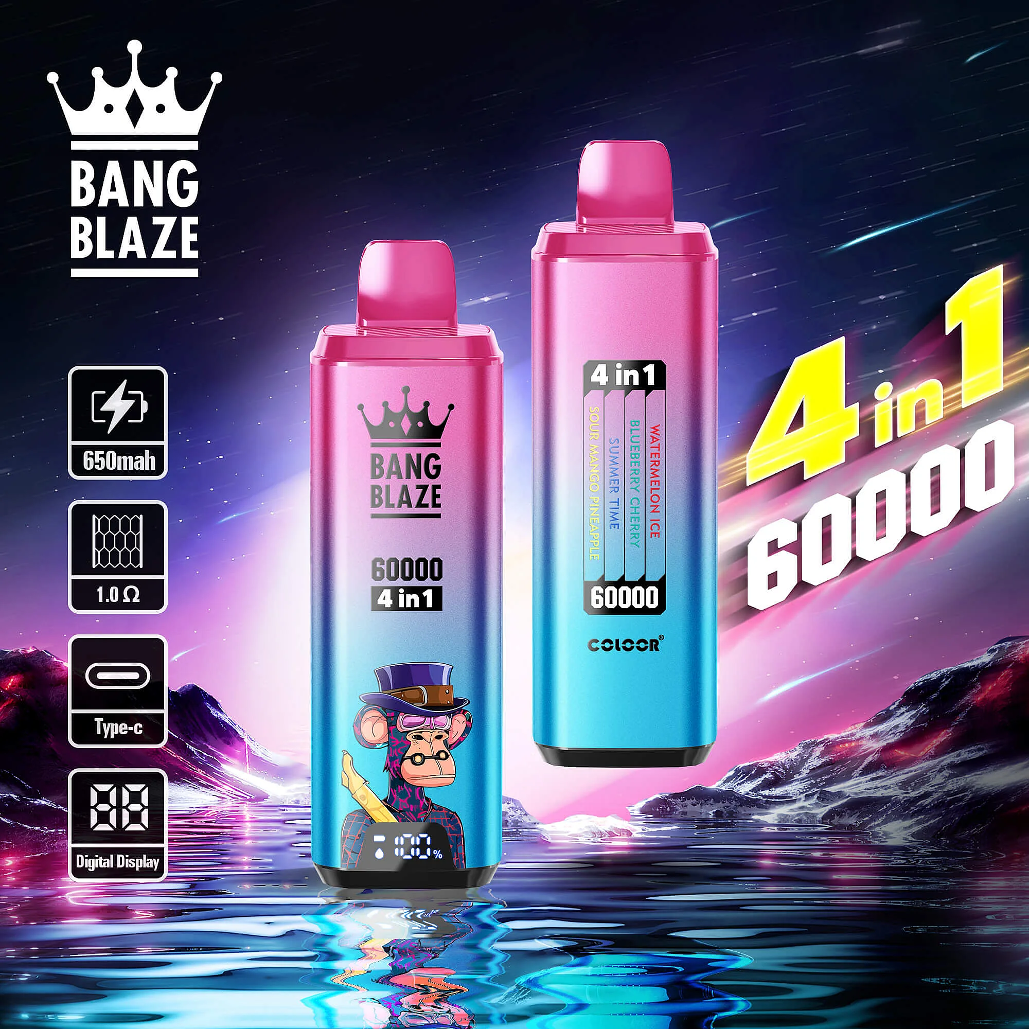 Bang Blaze  60000 Puffs Disposable Vape with 4 in 1 Flavors, 12 Kinds of Fruits Flavors, E-liquid 56ml, Battery 650 mah