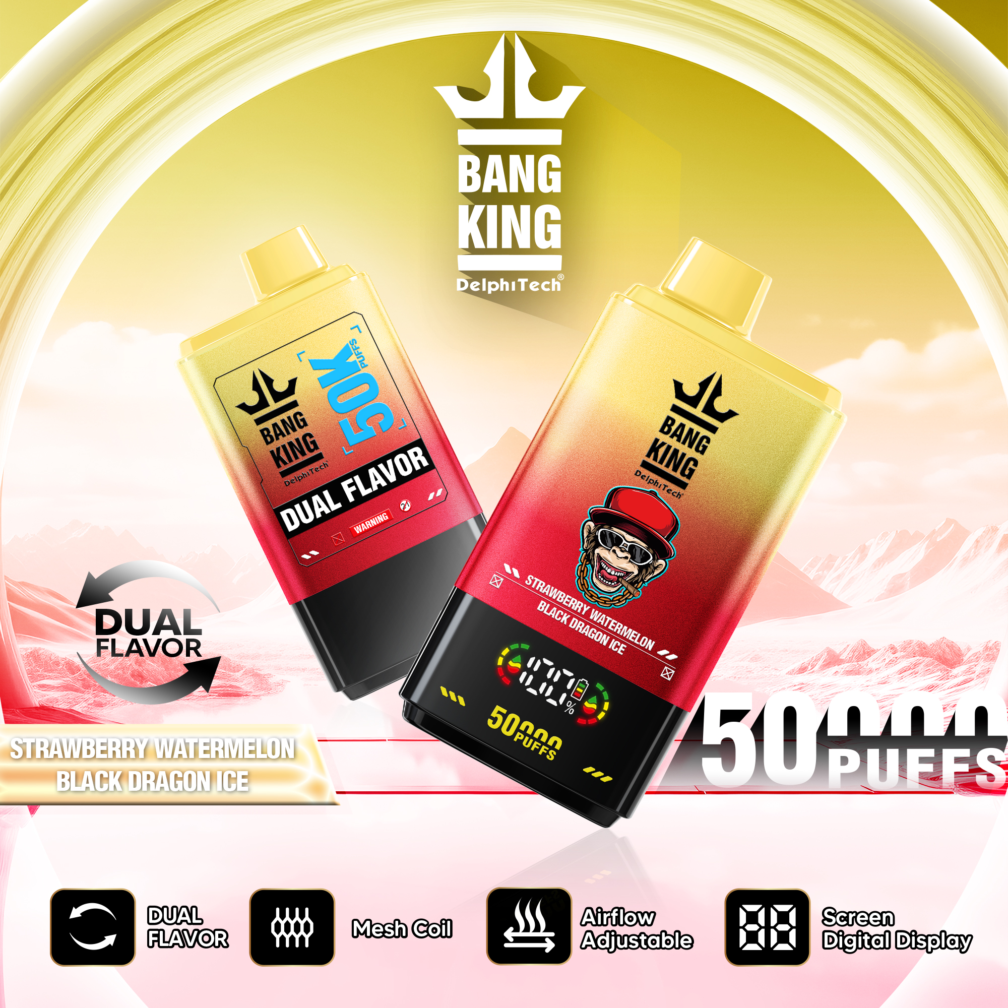 Bang King 50000 Puffs Disposable Vape with Double Flavors, 12 Kinds of Fruits Flavors, E-liquid 50ml, Battery 850 mah