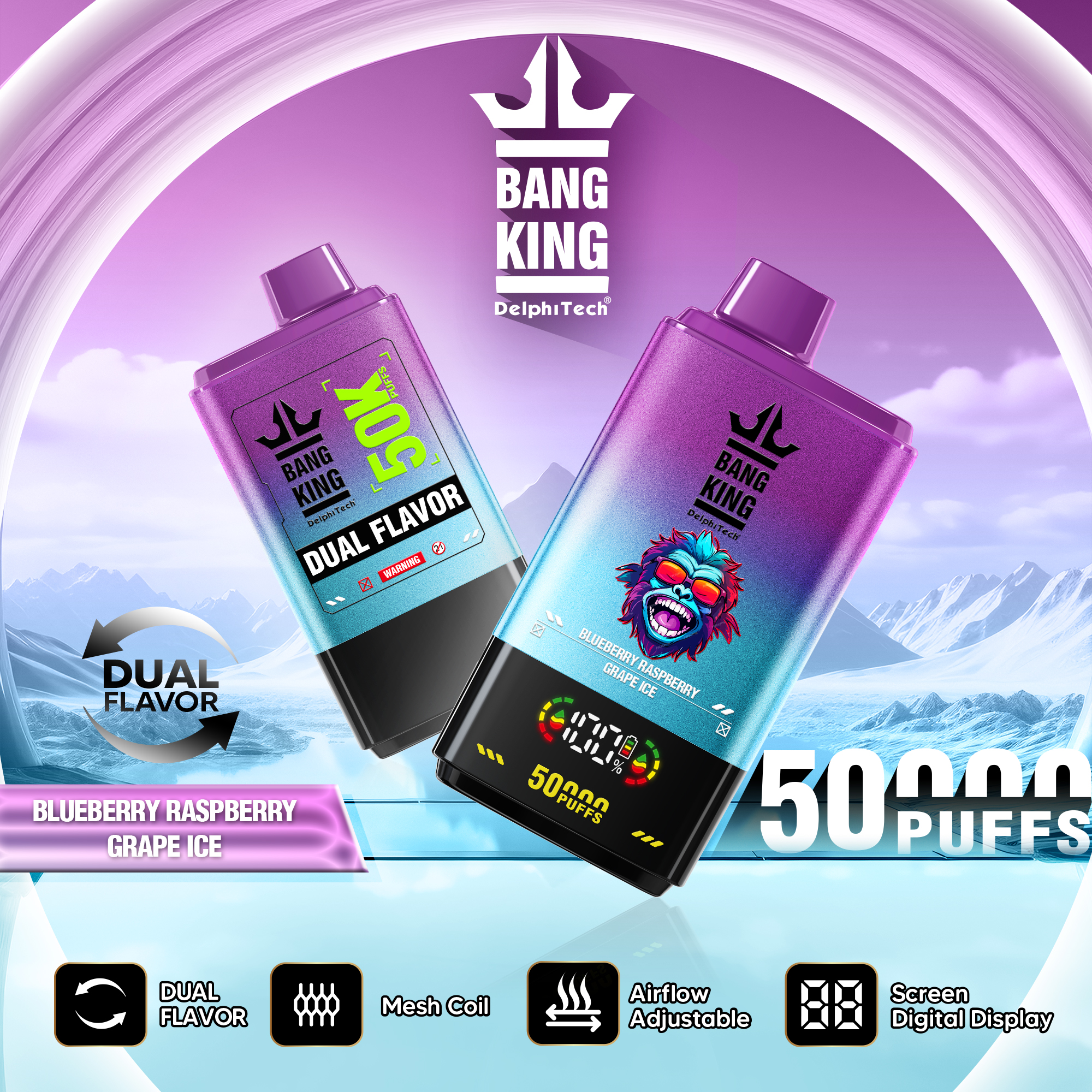Bang King 50000 Puffs Disposable Vape with Double Flavors, 12 Kinds of Fruits Flavors, E-liquid 50ml, Battery 850 mah
