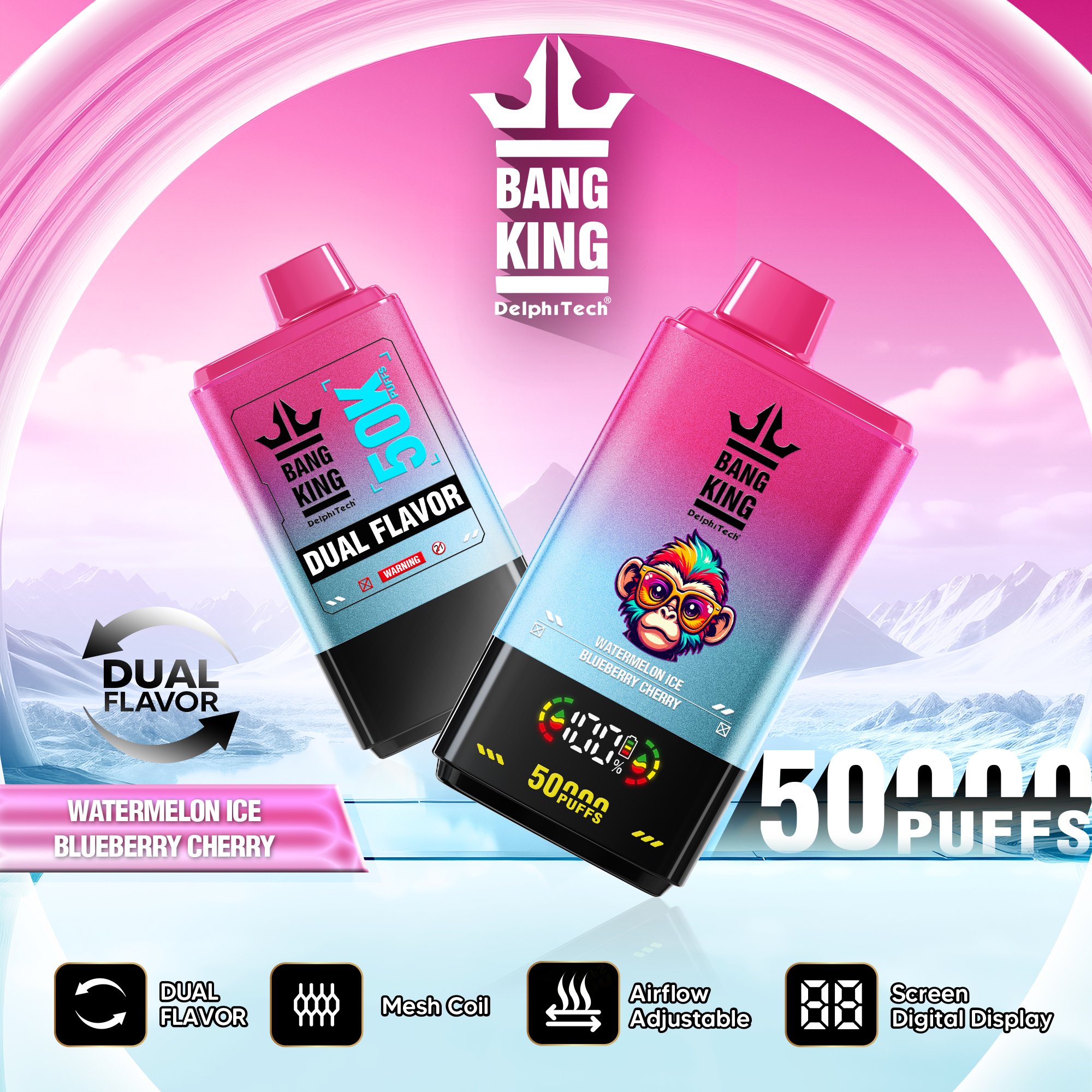 Bang King 50000 Puffs Disposable Vape with Double Flavors, 12 Kinds of Fruits Flavors, E-liquid 50ml, Battery 850 mah