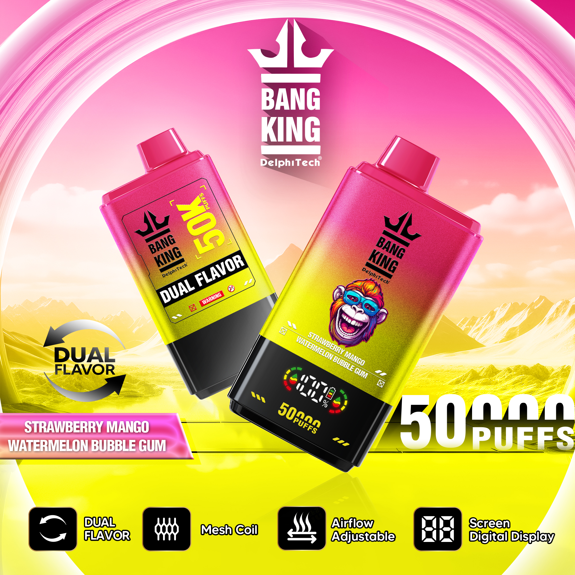 Bang King 50000 Puffs Disposable Vape with Double Flavors, 12 Kinds of Fruits Flavors, E-liquid 50ml, Battery 850 mah