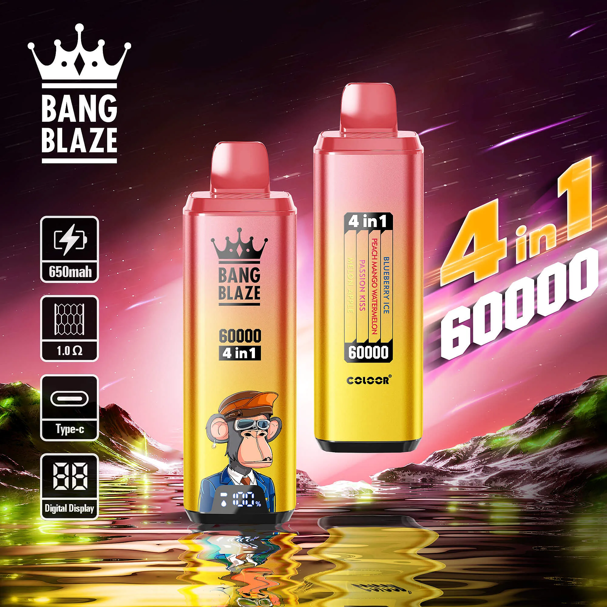 Bang Blaze  60000 Puffs Disposable Vape with 4 in 1 Flavors, 12 Kinds of Fruits Flavors, E-liquid 56ml, Battery 650 mah