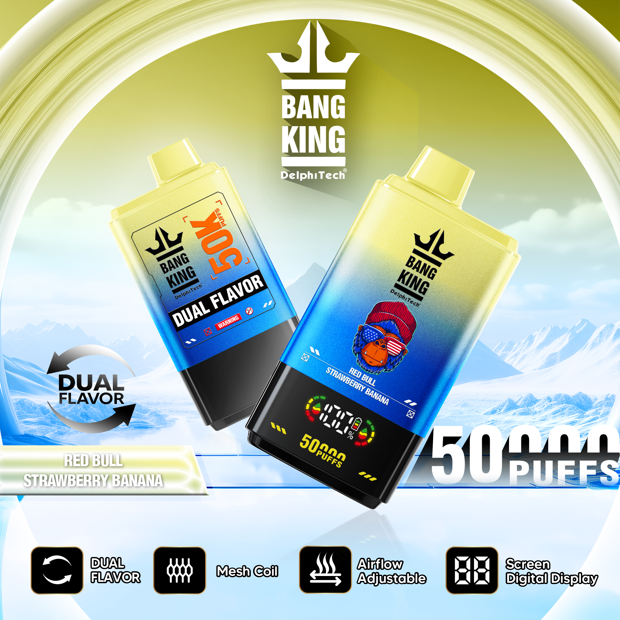 Bang King 50000 Puffs Disposable Vape with Double Flavors, 12 Kinds of Fruits Flavors, E-liquid 50ml, Battery 850 mah