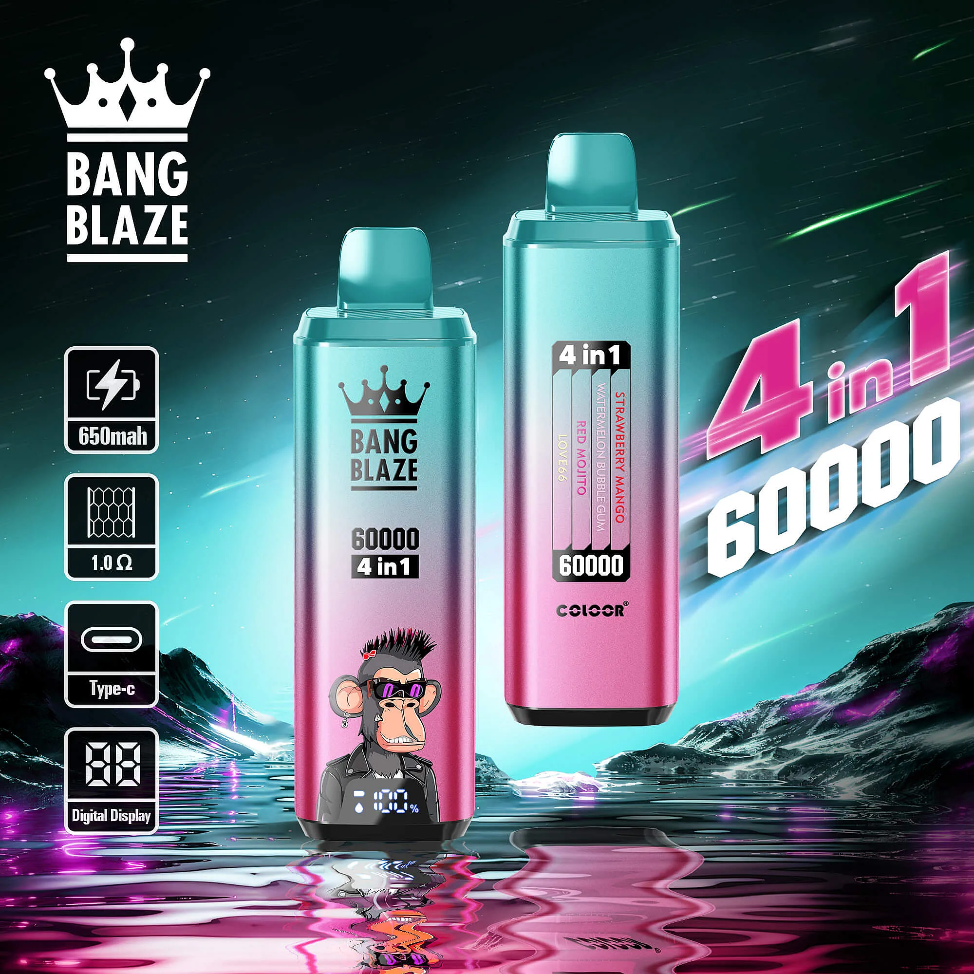 Bang Blaze  60000 Puffs Disposable Vape with 4 in 1 Flavors, 12 Kinds of Fruits Flavors, E-liquid 56ml, Battery 650 mah