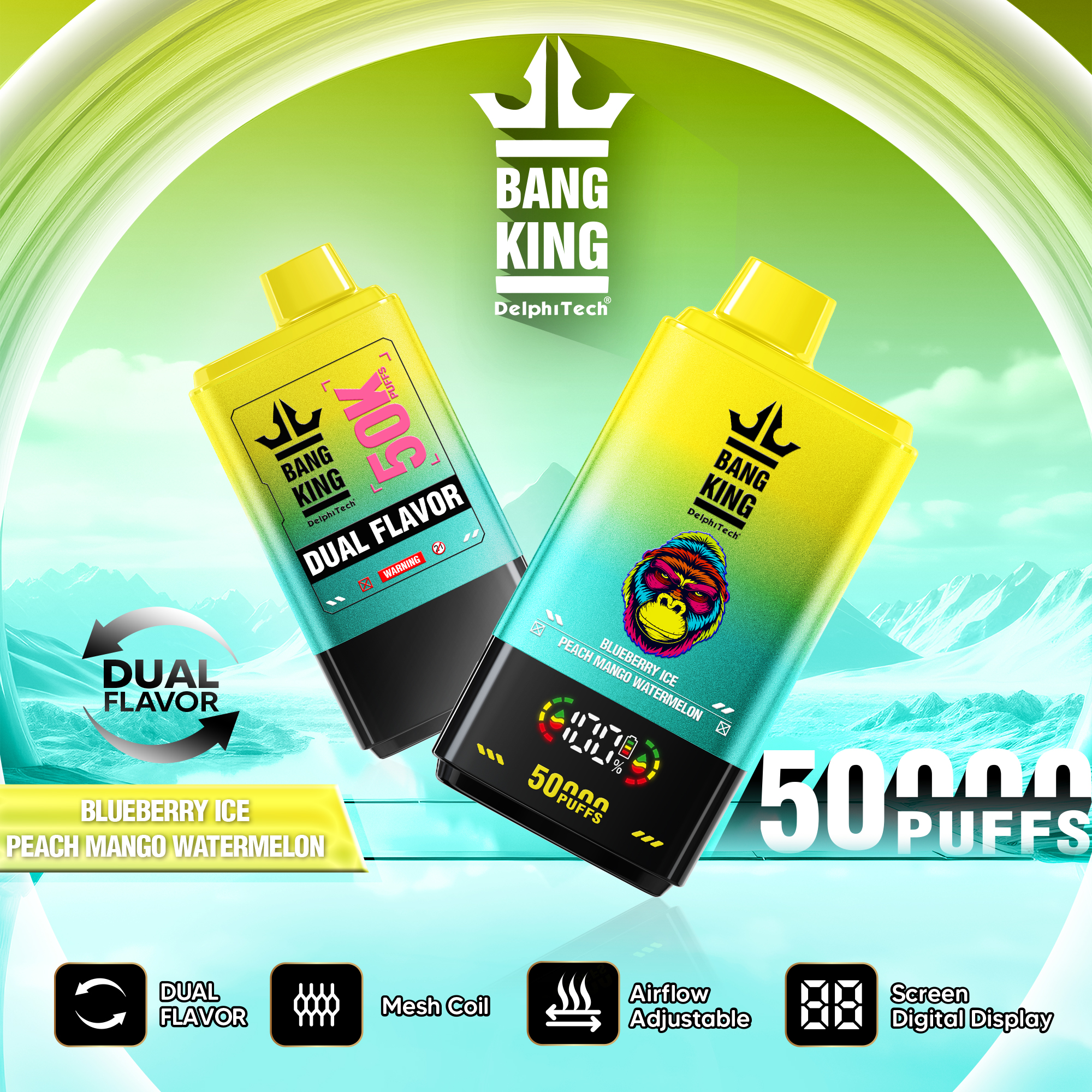 Bang King 50000 Puffs Disposable Vape with Double Flavors, 12 Kinds of Fruits Flavors, E-liquid 50ml, Battery 850 mah