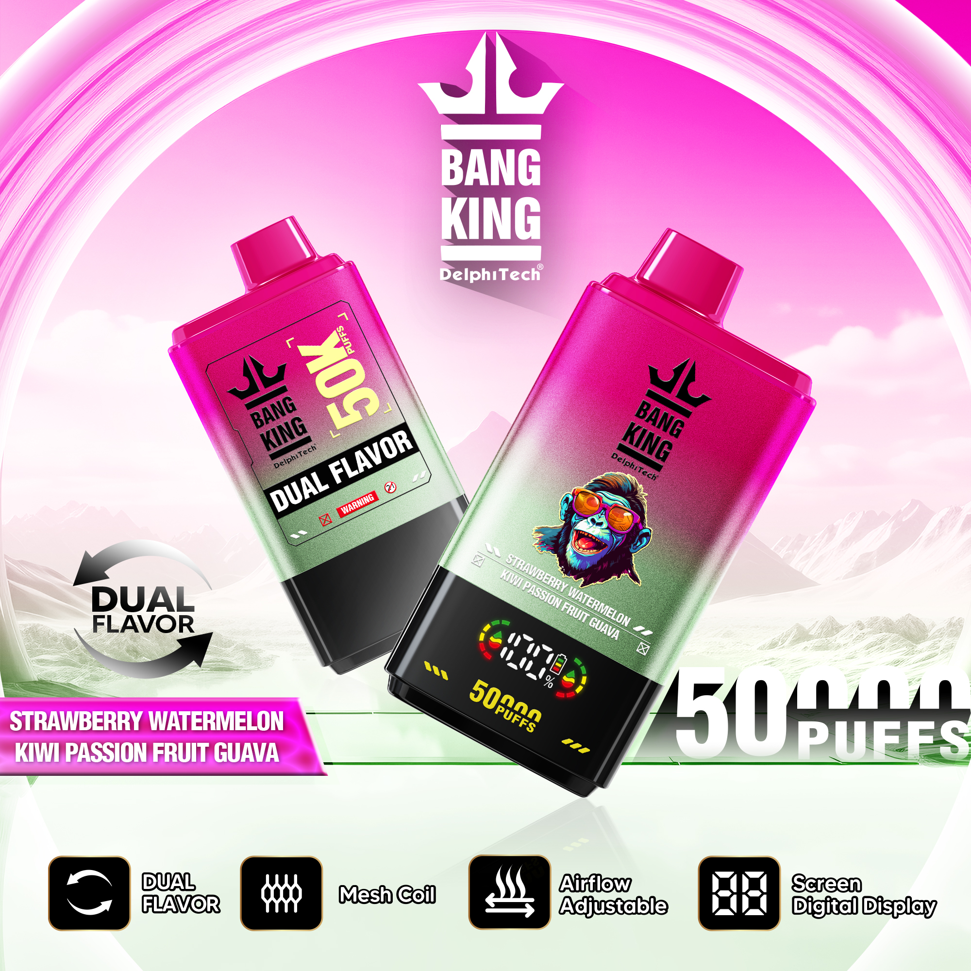 Bang King 50000 Puffs Disposable Vape with Double Flavors, 12 Kinds of Fruits Flavors, E-liquid 50ml, Battery 850 mah
