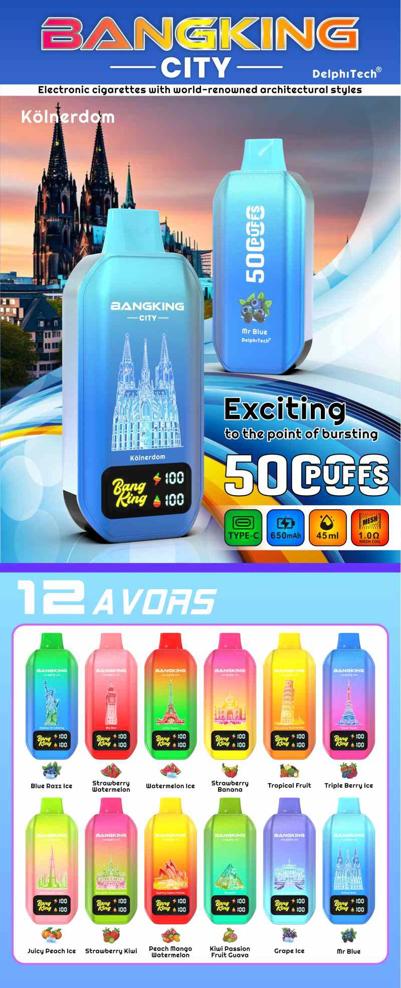 Bang King City 50000 Puff, 45 ml E-Liquid, 650 mAh Batery. 12 Flavors