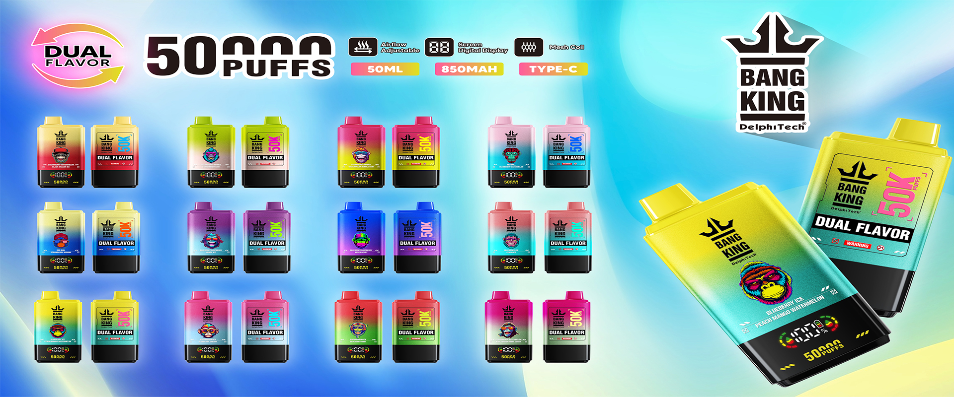 Bang King 50000 Puffs Disposable Vape with Double Flavors, 12 Kinds of Fruits Flavors, E-liquid 50ml, Battery 850 mah