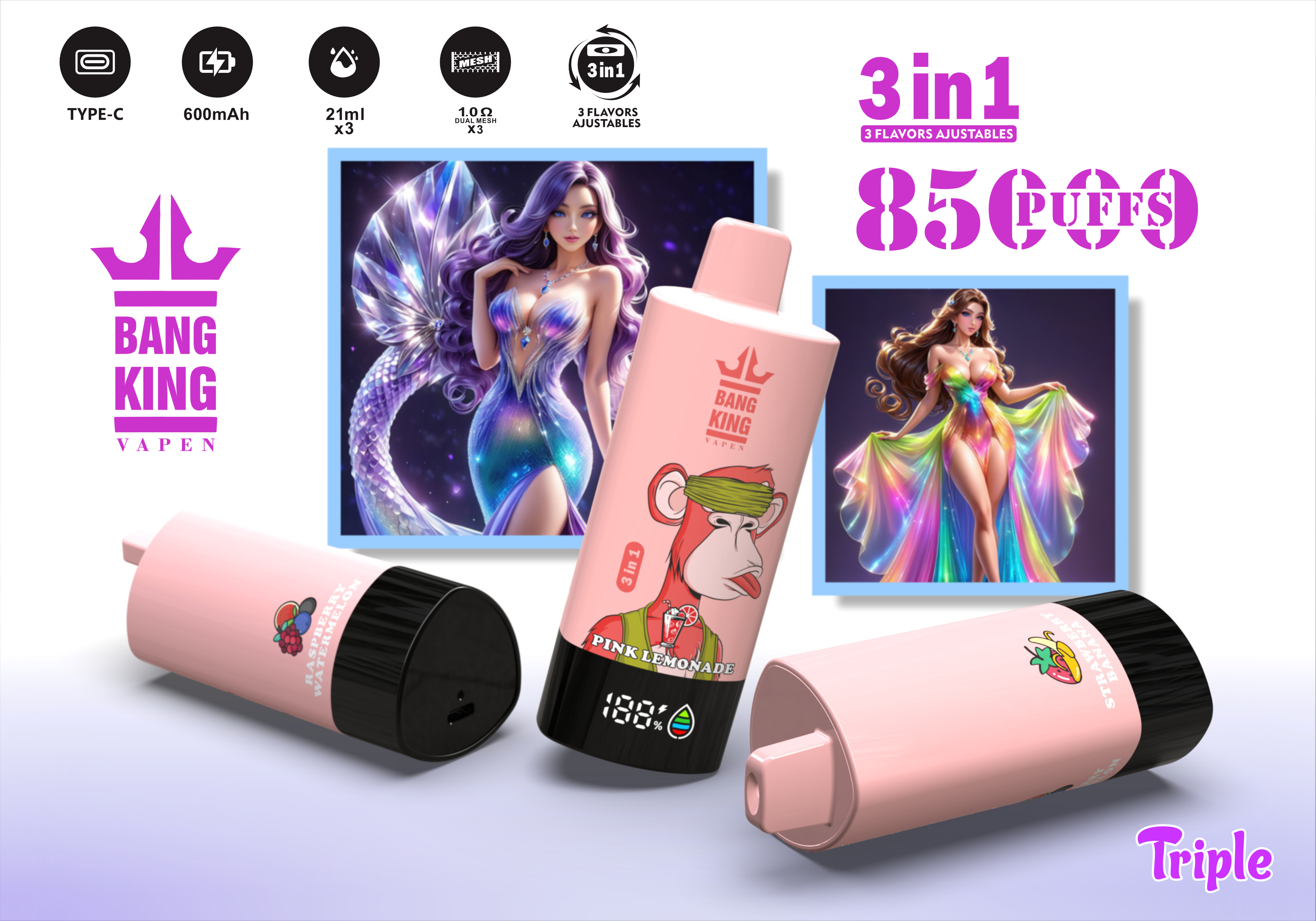 Bang King Vapen 85000 Puffs, 3 in 1 Flavor, 63ml Eliquid, 600mAh Battery