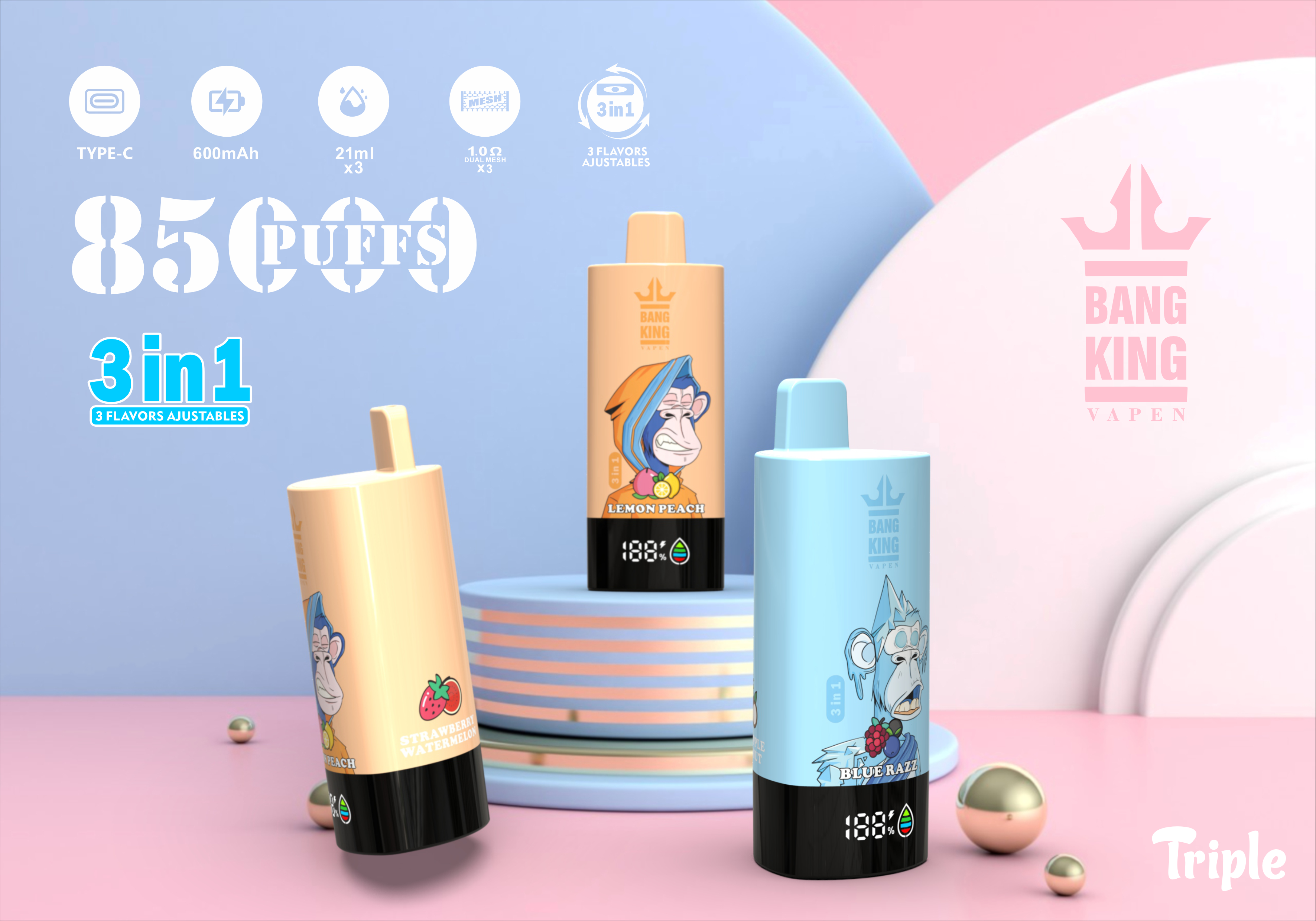 Bang King Vapen 85000 Puffs, 3 in 1 Flavor, 63ml Eliquid, 600mAh Battery