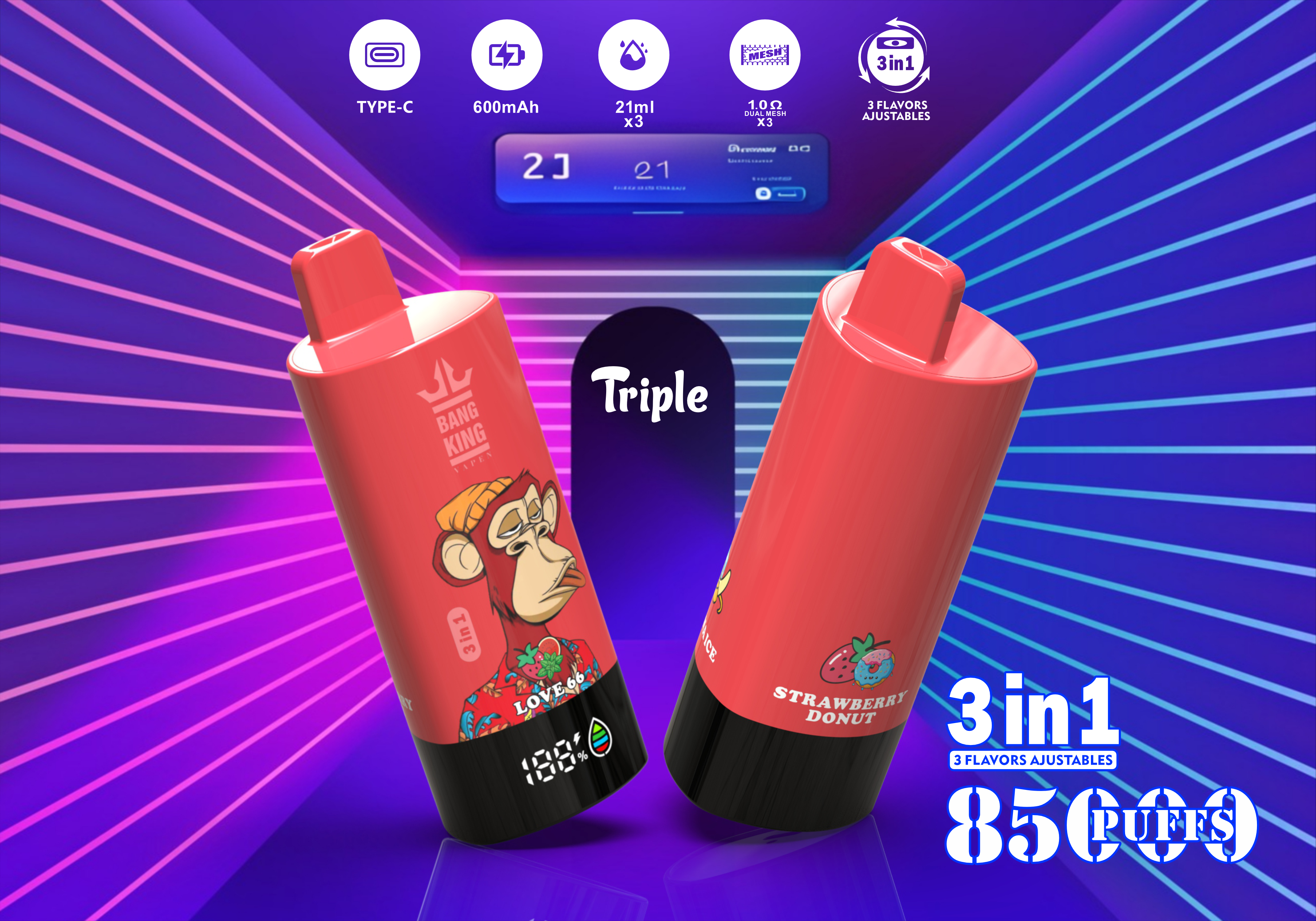 Bang King Vapen 85000 Puffs, 3 in 1 Flavor, 63ml Eliquid, 600mAh Battery