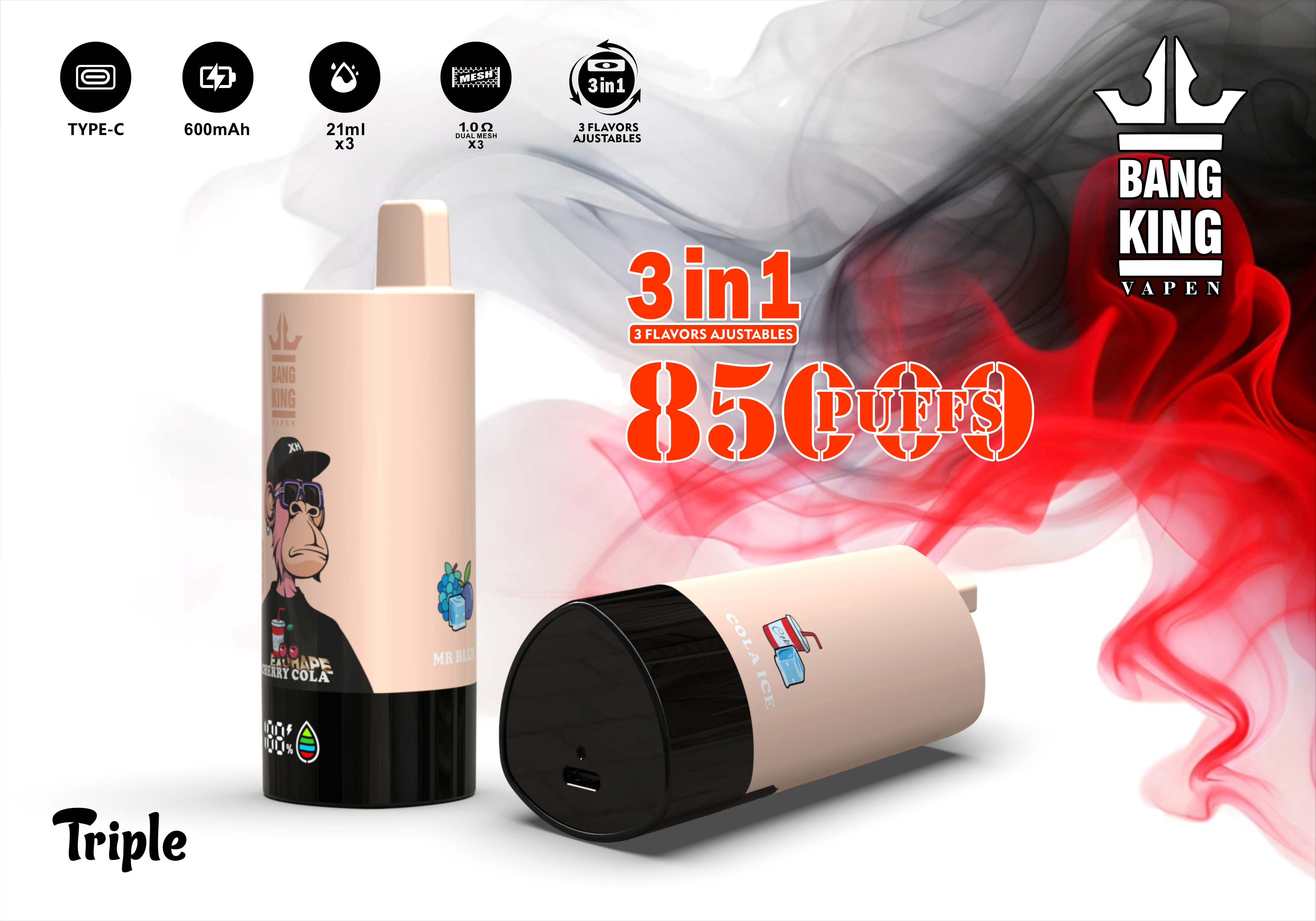Bang King Vapen 85000 Puffs, 3 in 1 Flavor, 63ml Eliquid, 600mAh Battery