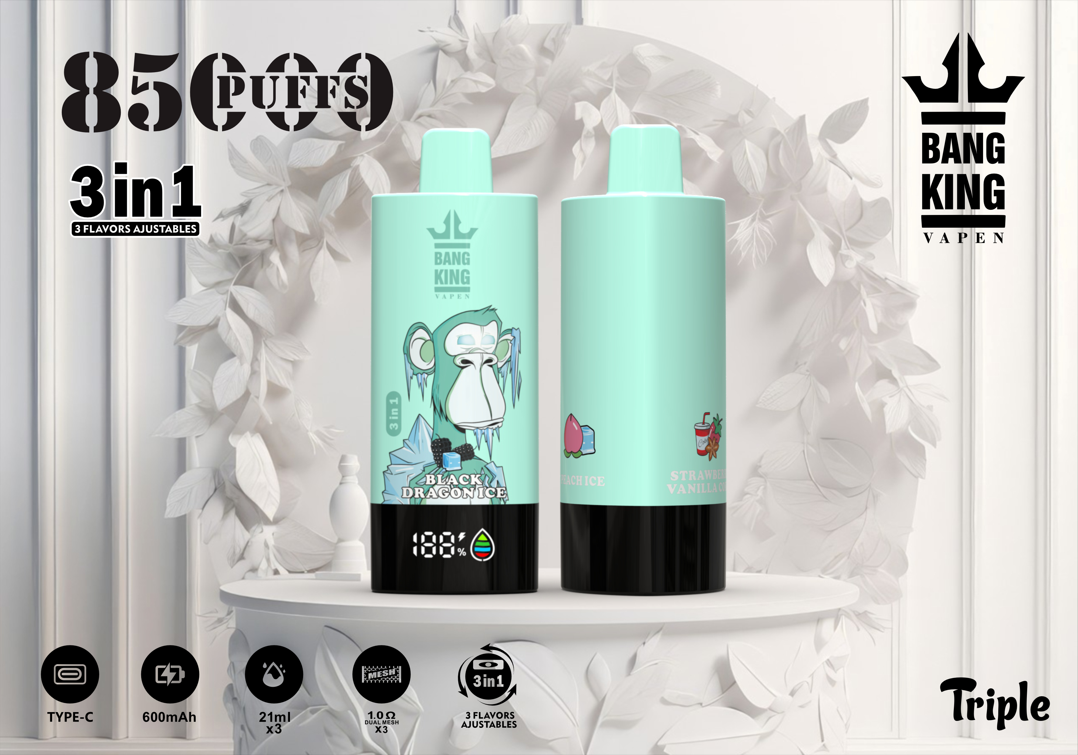 Bang King Vapen 85000 Puffs, 3 in 1 Flavor, 63ml Eliquid, 600mAh Battery