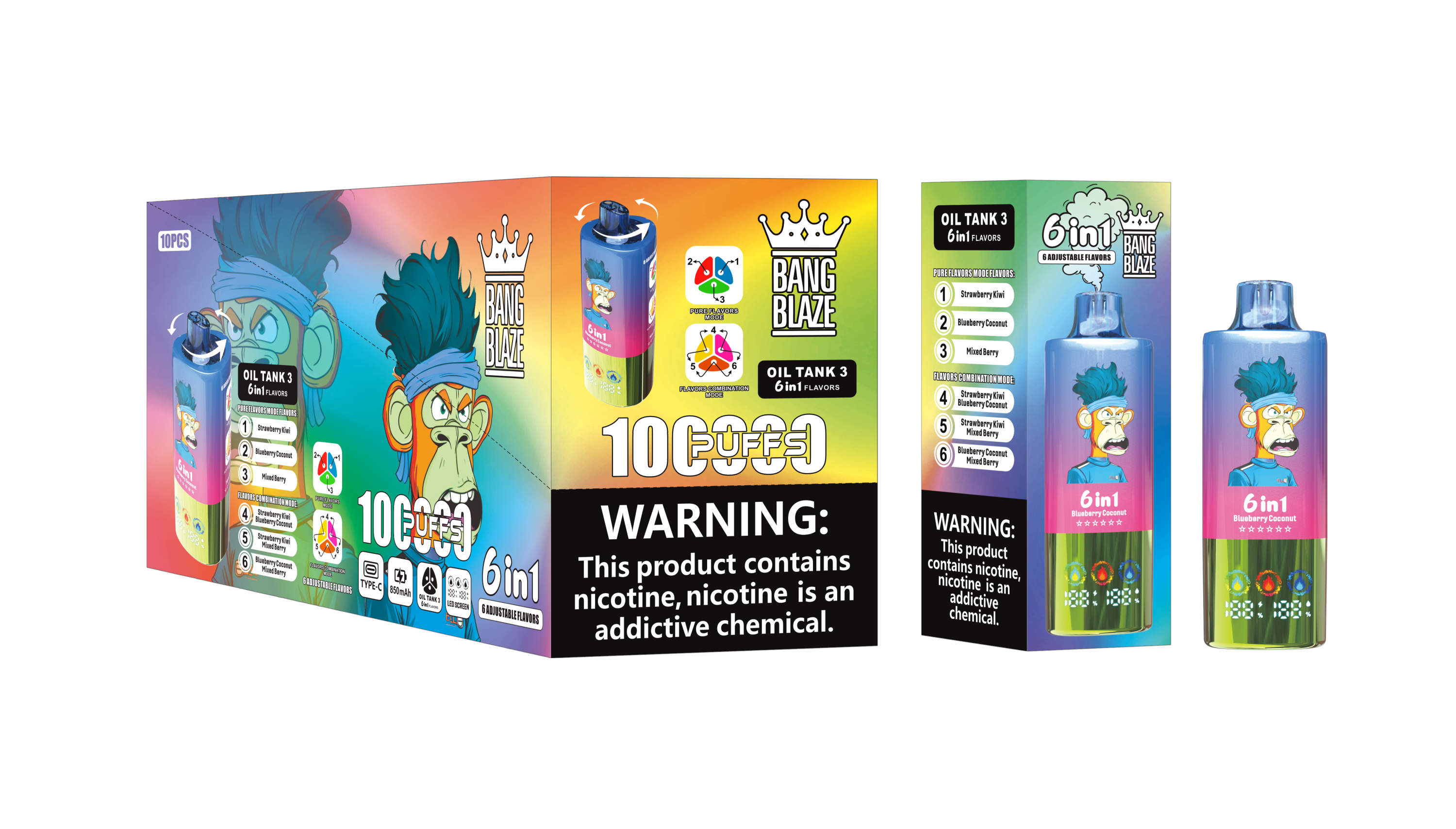 Bang Blzae 100000 PUFFS 6 IN 1 , 100K Disposable Vape with 6 in 1 Flavors, 10 Kinds of Fruits Flavors, E-liquid 90ml, Battery 850 mah, Nicotine 2%, 3%, or 5%
