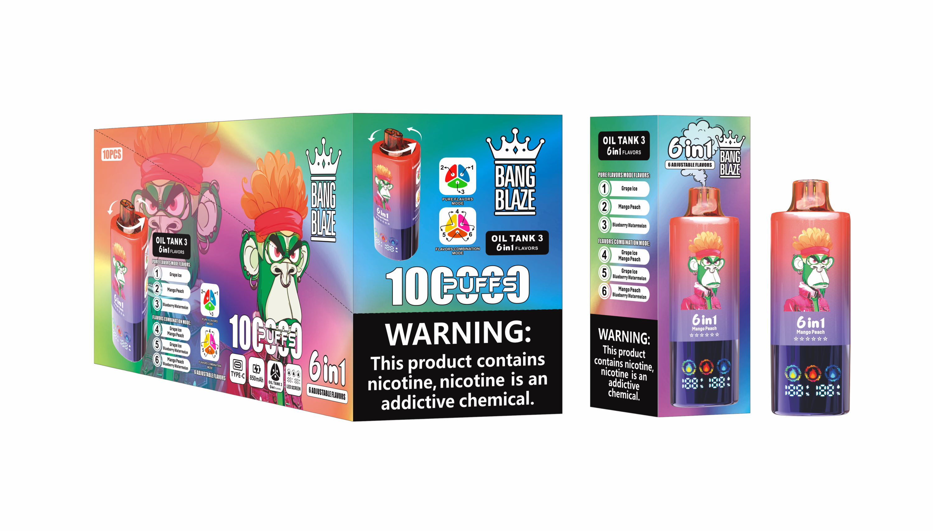 Bang Blzae 100000 PUFFS 6 IN 1 , 100K Disposable Vape with 6 in 1 Flavors, 10 Kinds of Fruits Flavors, E-liquid 90ml, Battery 850 mah, Nicotine 2%, 3%, or 5%