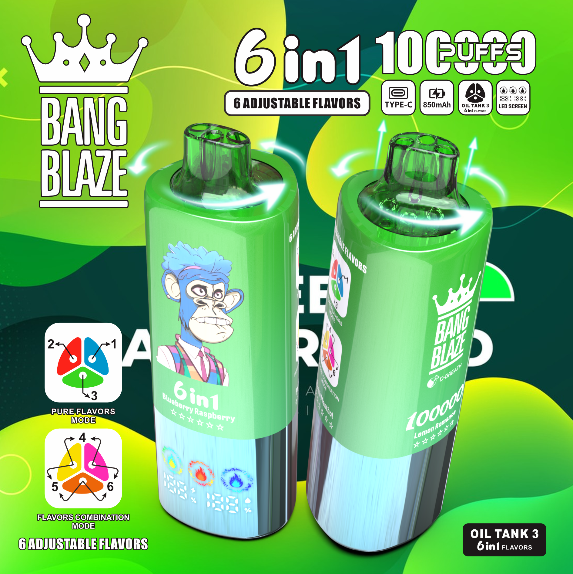 Bang Blzae 100000 PUFFS 6 IN 1 , 100K Disposable Vape with 6 in 1 Flavors, 10 Kinds of Fruits Flavors, E-liquid 90ml, Battery 850 mah, Nicotine 2%, 3%, or 5%