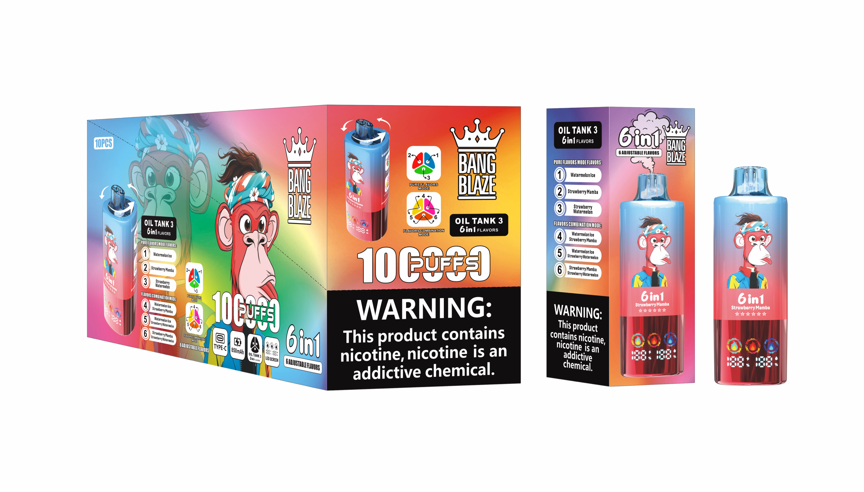 Bang Blzae 100000 PUFFS 6 IN 1 , 100K Disposable Vape with 6 in 1 Flavors, 10 Kinds of Fruits Flavors, E-liquid 90ml, Battery 850 mah, Nicotine 2%, 3%, or 5%