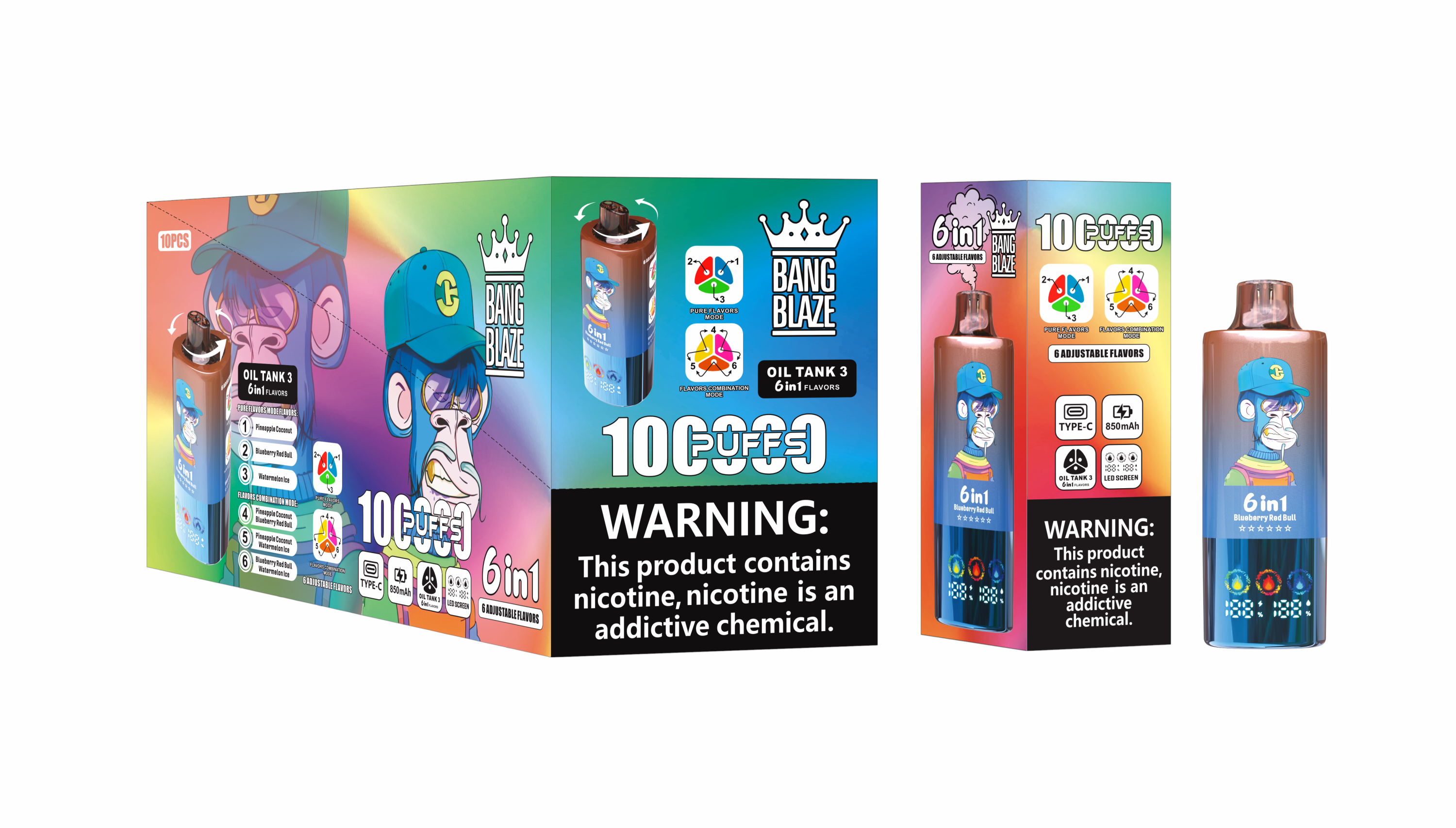 Bang Blzae 100000 PUFFS 6 IN 1 , 100K Disposable Vape with 6 in 1 Flavors, 10 Kinds of Fruits Flavors, E-liquid 90ml, Battery 850 mah, Nicotine 2%, 3%, or 5%