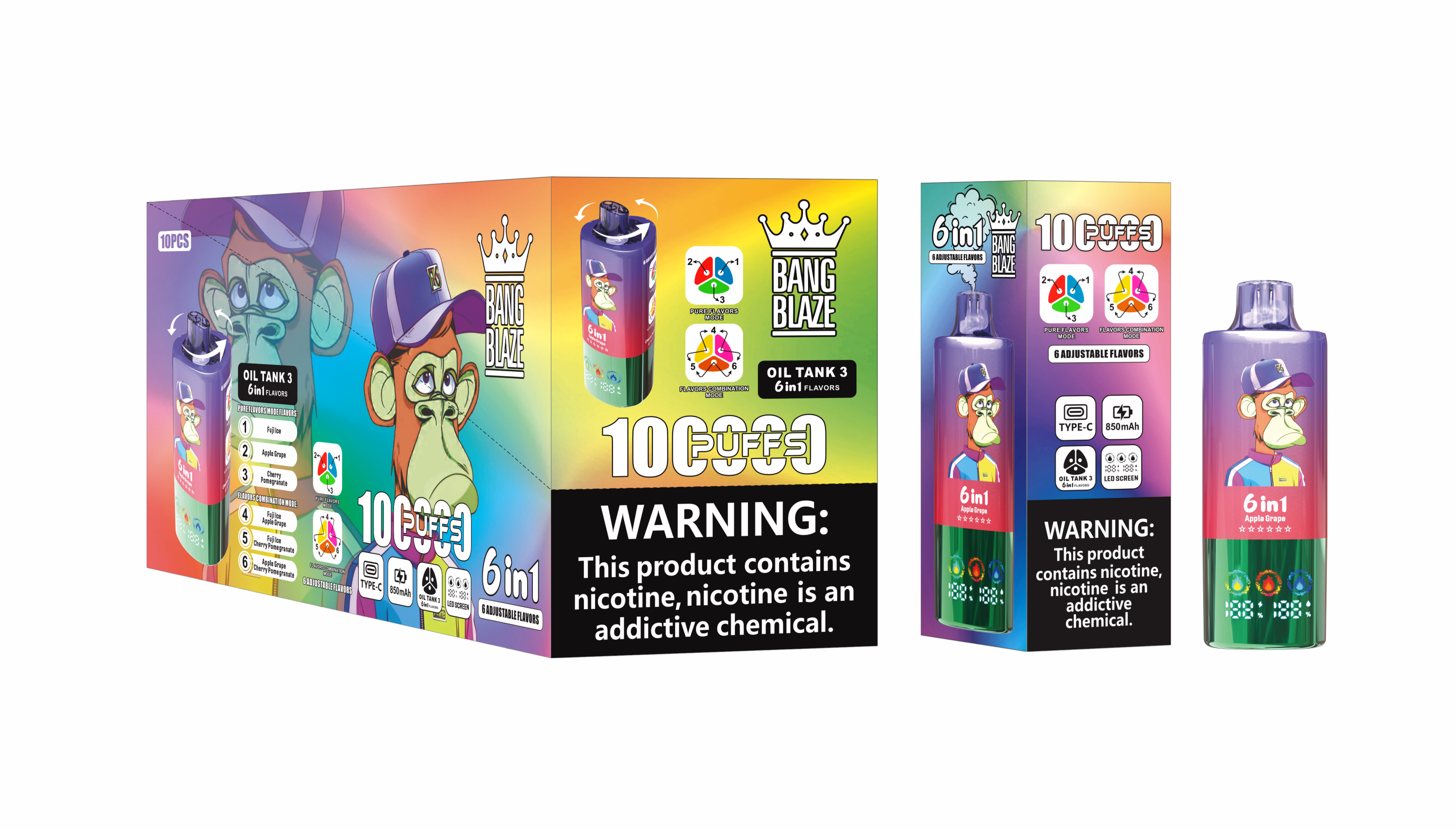 Bang Blzae 100000 PUFFS 6 IN 1 , 100K Disposable Vape with 6 in 1 Flavors, 10 Kinds of Fruits Flavors, E-liquid 90ml, Battery 850 mah, Nicotine 2%, 3%, or 5%